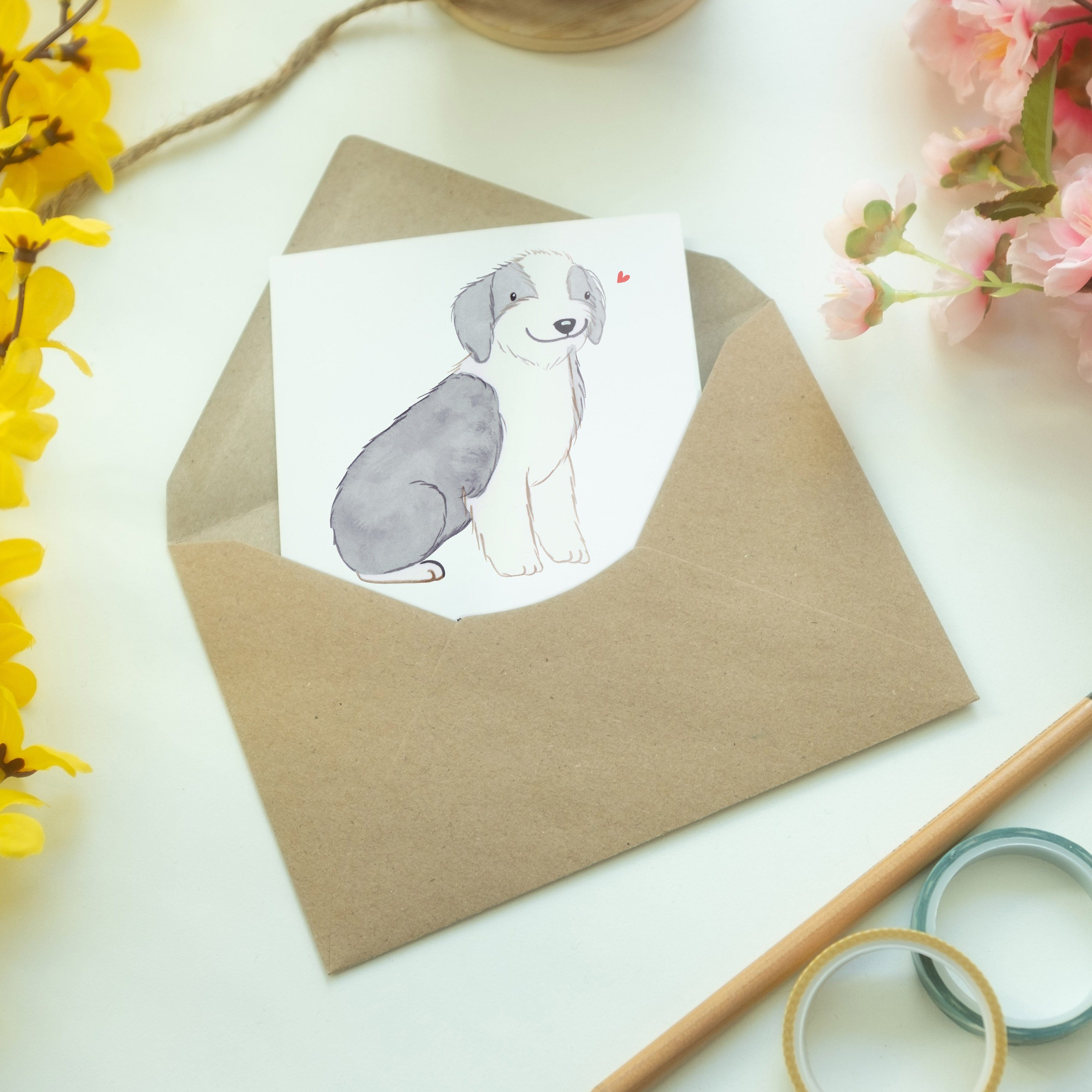 Collie Bearded Mr. Geburtstagskarte - & Hund, Grußkarte - Weiß Geschenk, Lebensretter Panda Mrs.