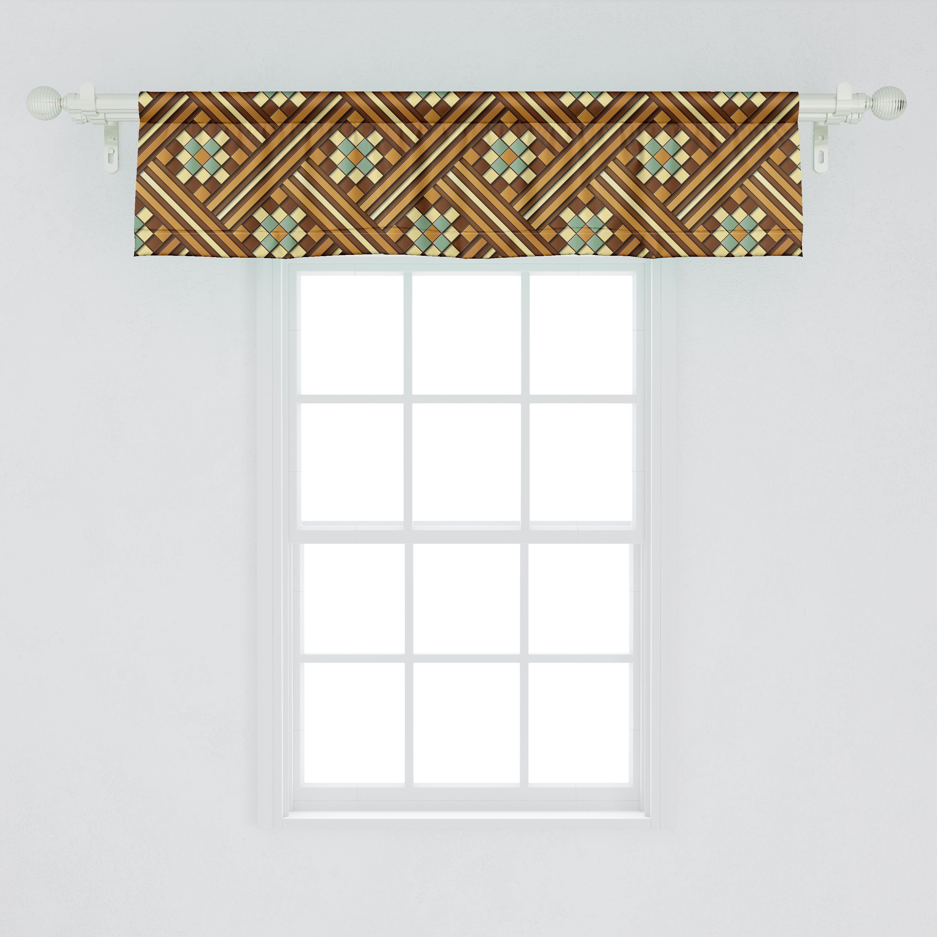 Scheibengardine Vorhang mit Microfaser, Quadrate Dekor Schlafzimmer Küche Volant und Bars Erdtöne Stangentasche, Abakuhaus, für Retro