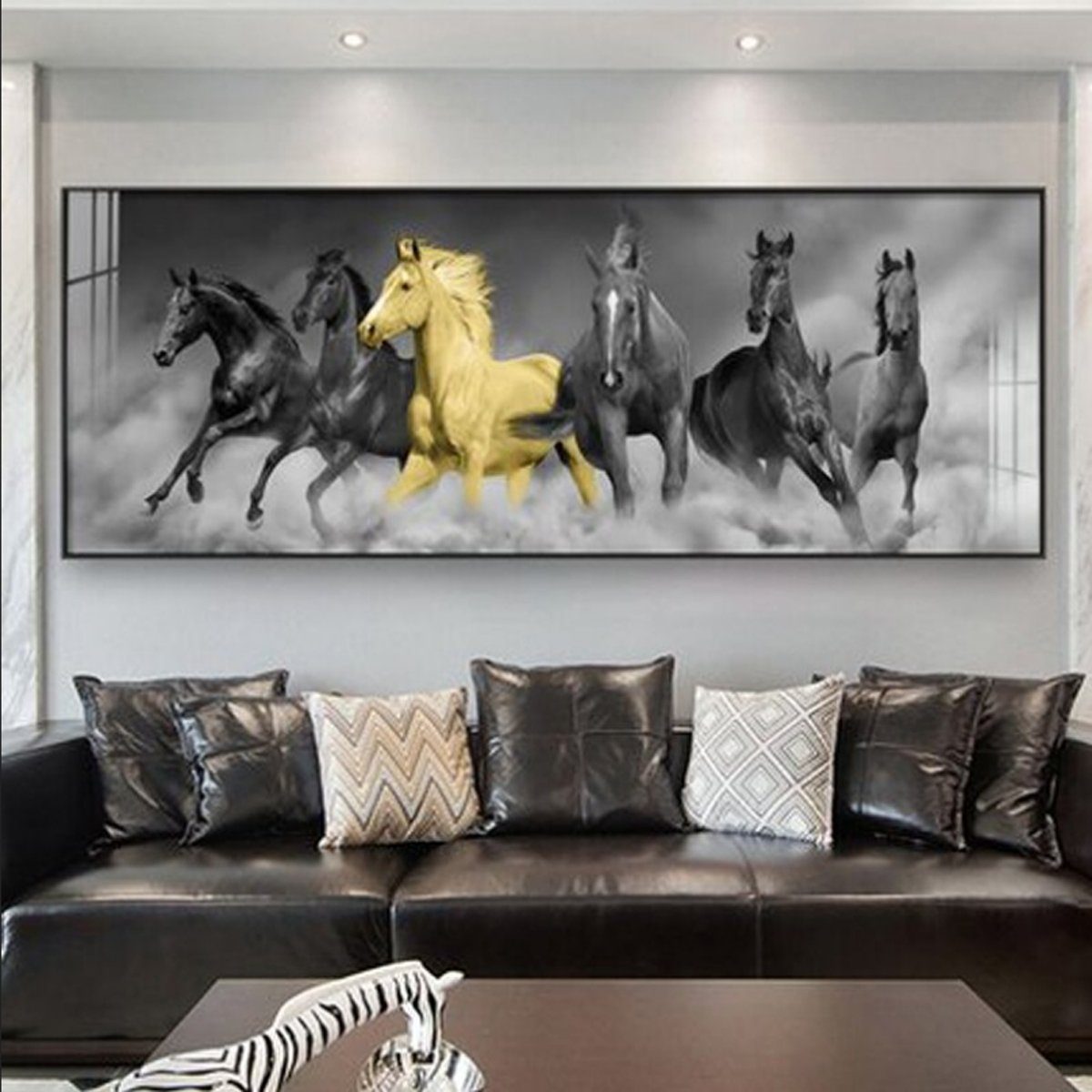 TPFLiving Kunstdruck (OHNE RAHMEN) Poster - Leinwand - Wandbild, Breitbildformat - Wilde Pferde - (Mehrere Motive in verschiedenen Größen), Farben: Braun, Beige, Schwarz, Grau, Gold - Größe: 120x40cm