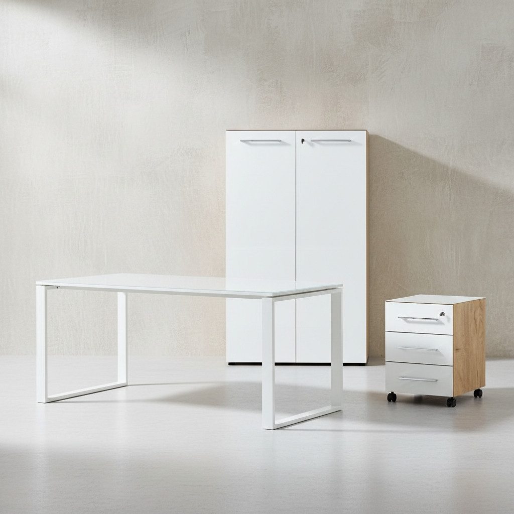 KADIMA DESIGN Büromöbel-Set Büro-Set MUENCHEN 3-tlg Schreibtisch Schrank Container Glasfront, (Büromöbel Made in Germany, Home Office Modern, Arbeitszimmer Büro), Komplettset, Tischplatte Glas, Abschließbar, Soft-Close, ABS-Kanten