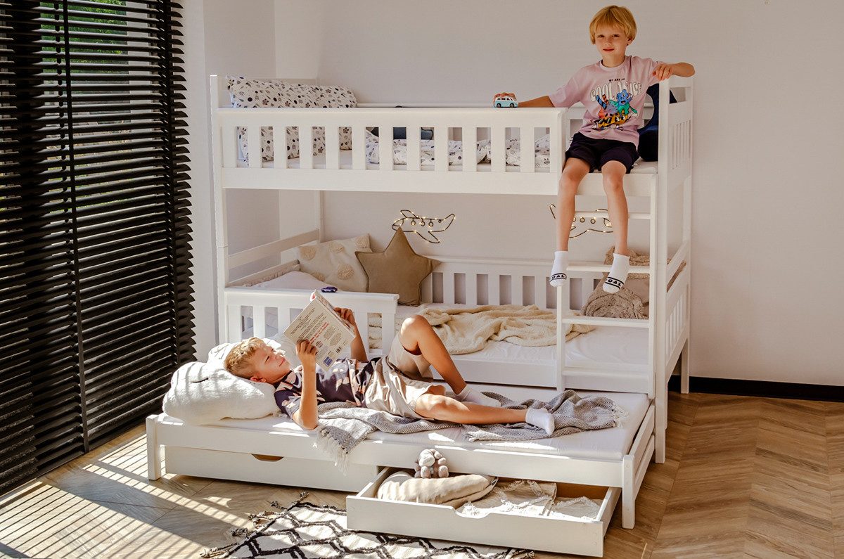 Kids Collective Loft Bed 90x200 with Pull-Out Bed Function, Bunk Bed, Children's Bed with Two Drawers, 2 Slatted Bases, Fall Protection, Convertible into Three Beds, White
