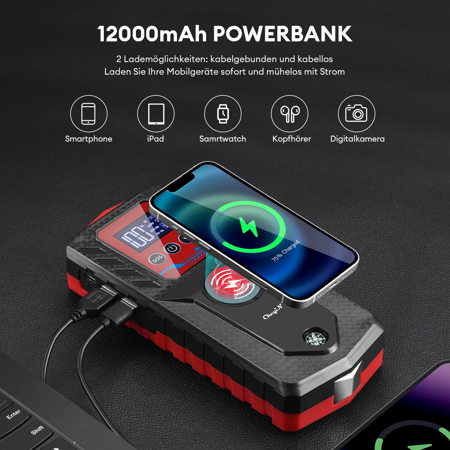 CkeyiN Starthilfe Powerbank Auto Starthilfegerät 3000 A Starthilfegerät 12000 mAh (12 V), bis zu 8 L Benzin/7 L Diesel 5 Modi 4-IN-1-Funktion mit LED-Licht – Bild 4 von 5