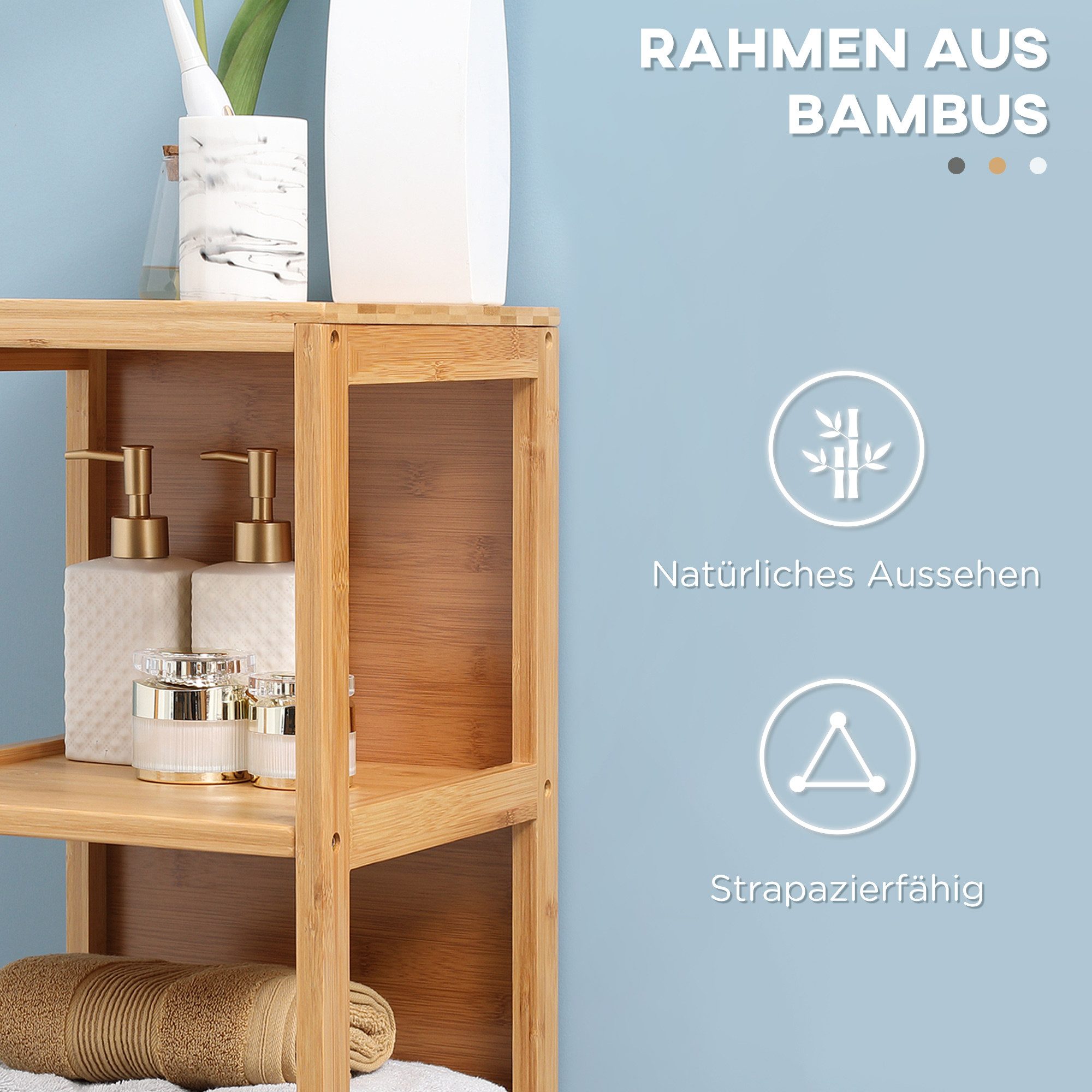 Kleankin Badkommode Beistellschrank Aufbewahrungsschrank mit 2 Schubladen, 3 Ablagen (Badschrank, 1 St., Badezimmerschrank), Naturholz, 30 x 30 x 140 cm – Bild 5 von 5