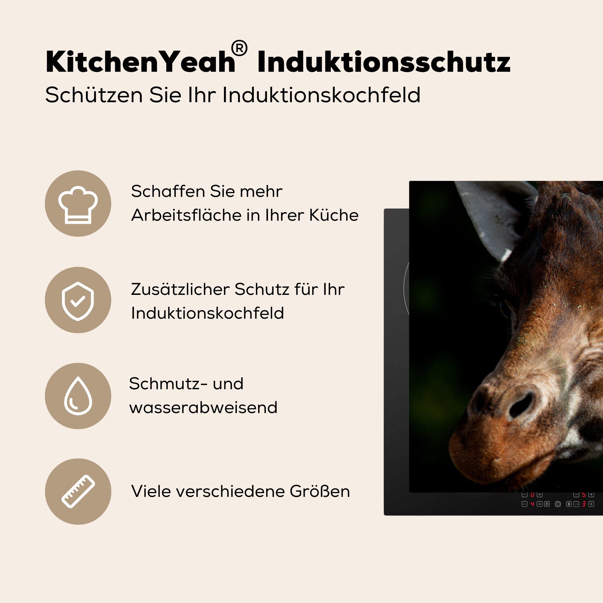 (1 Vinyl, - Giraffe 81x52 MuchoWow Schwarz, die Ceranfeldabdeckung Herdblende-/Abdeckplatte cm, Tier Schutz küche, Induktionskochfeld - tlg), für