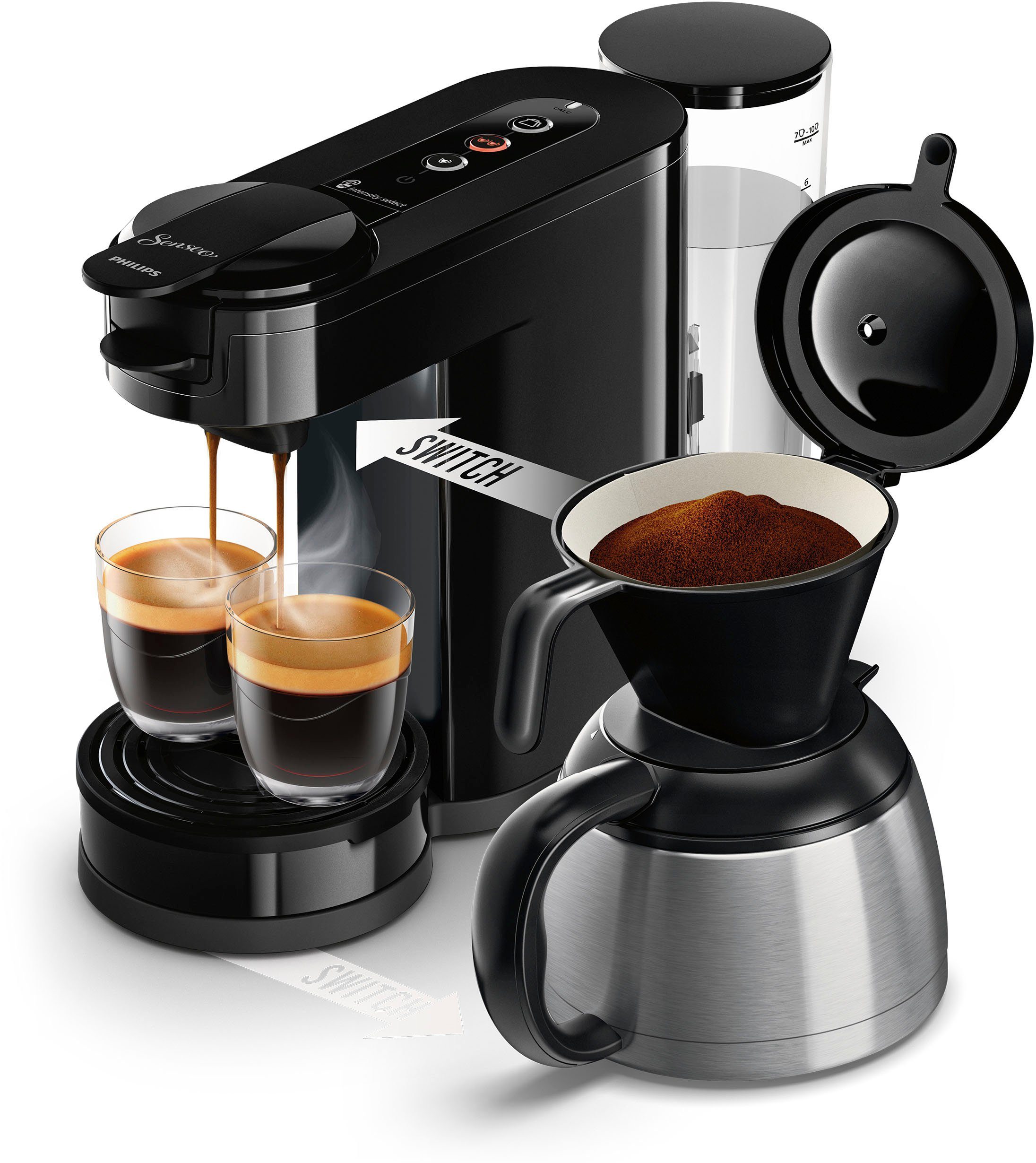 Philips Senseo Kaffeepadmaschine Switch HD6592/64, 2-in-1 Pad und Filterkaffee, 1l Kaffeekanne, aus 26% rec. Plastik