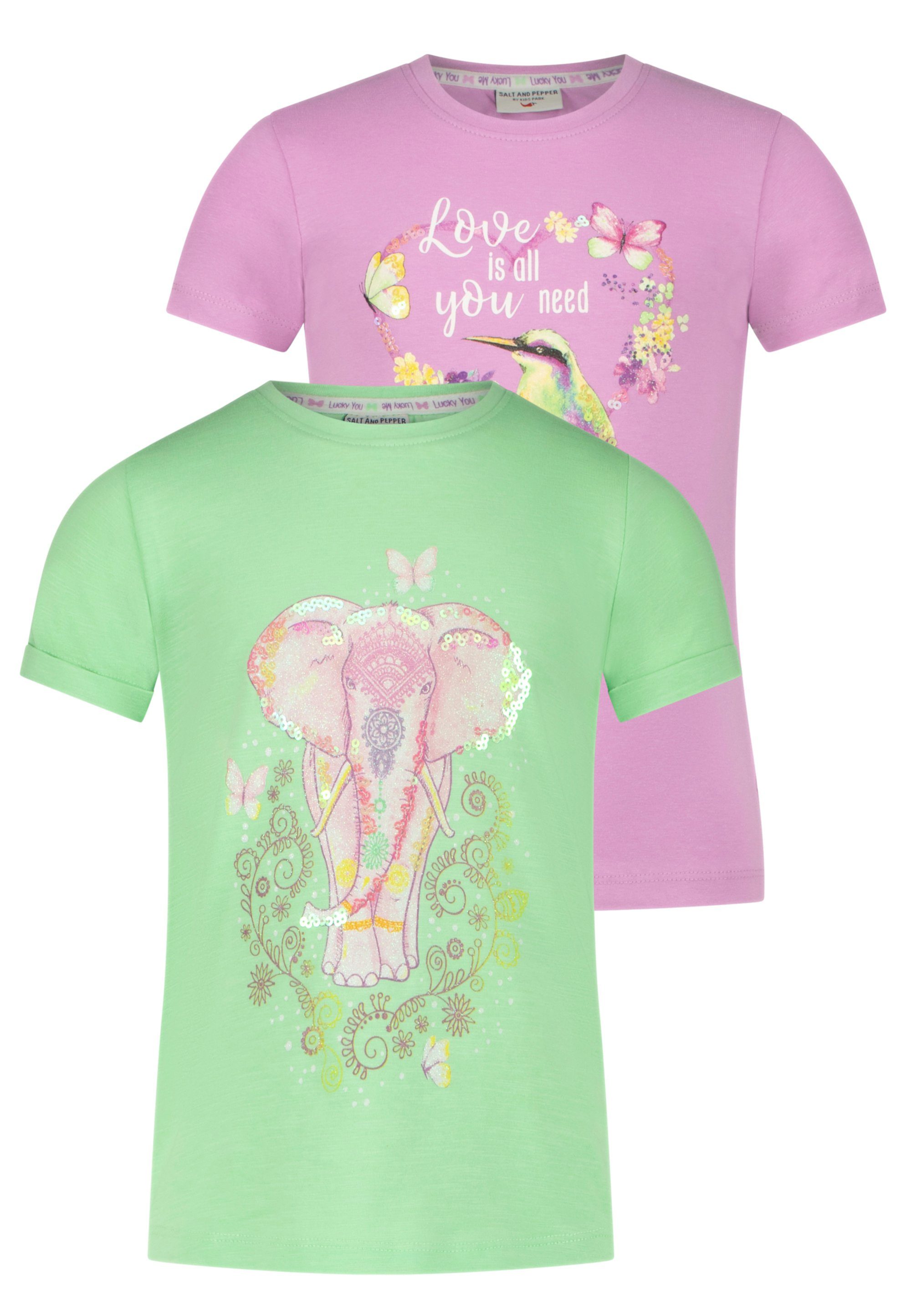 SALT AND PEPPER T-Shirt Bird Elefant (2-tlg) mit detaillierten Druckmotiven lila-grün