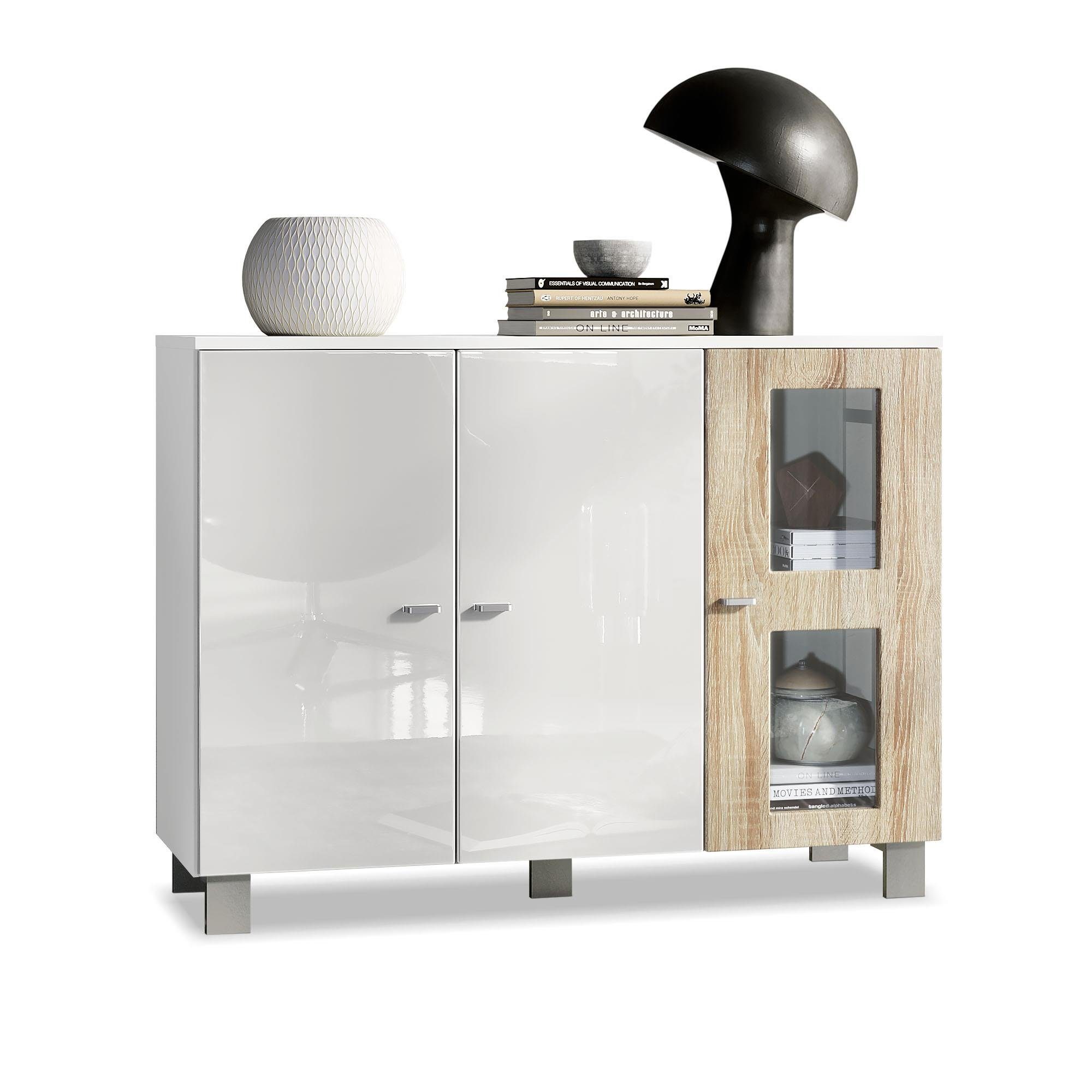 Vladon Sideboard Denjo (Kommode, mit 3 Türen), Weiß matt/Weiß Hochglanz/Eiche sägerau (107 x 81 x 35 cm)