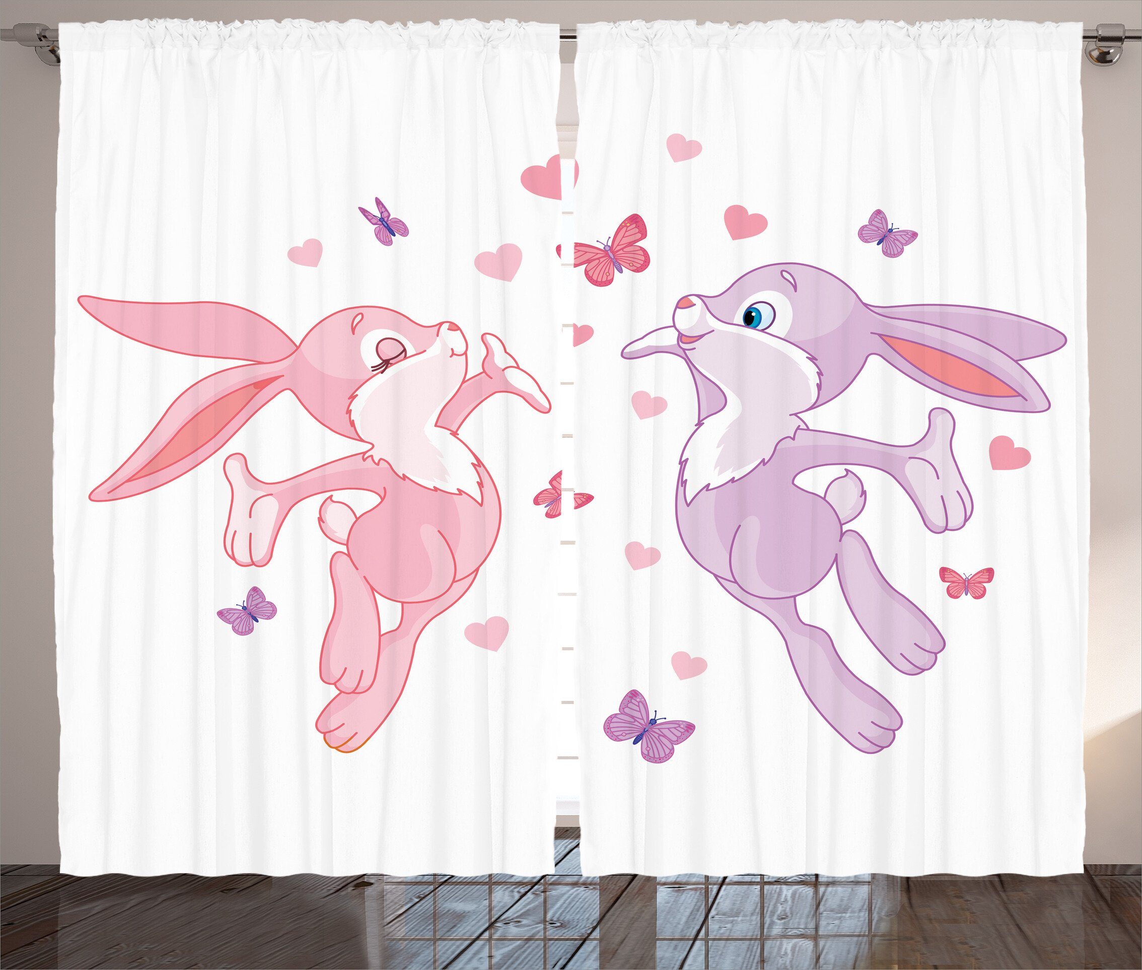 Gardine Schlafzimmer Kräuselband Vorhang mit Schlaufen und Haken, Abakuhaus, Liebe Hasen Kissing in Luft