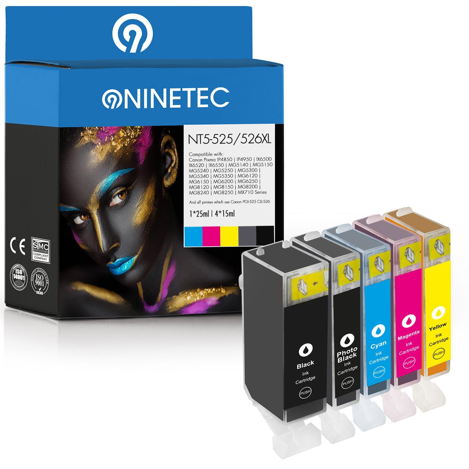 NINETEC 5er Set ersetzt Canon PGI-525 CLI-526 Tintenpatrone schwarz, cyan, magenta, gelb, fotoschwarz
