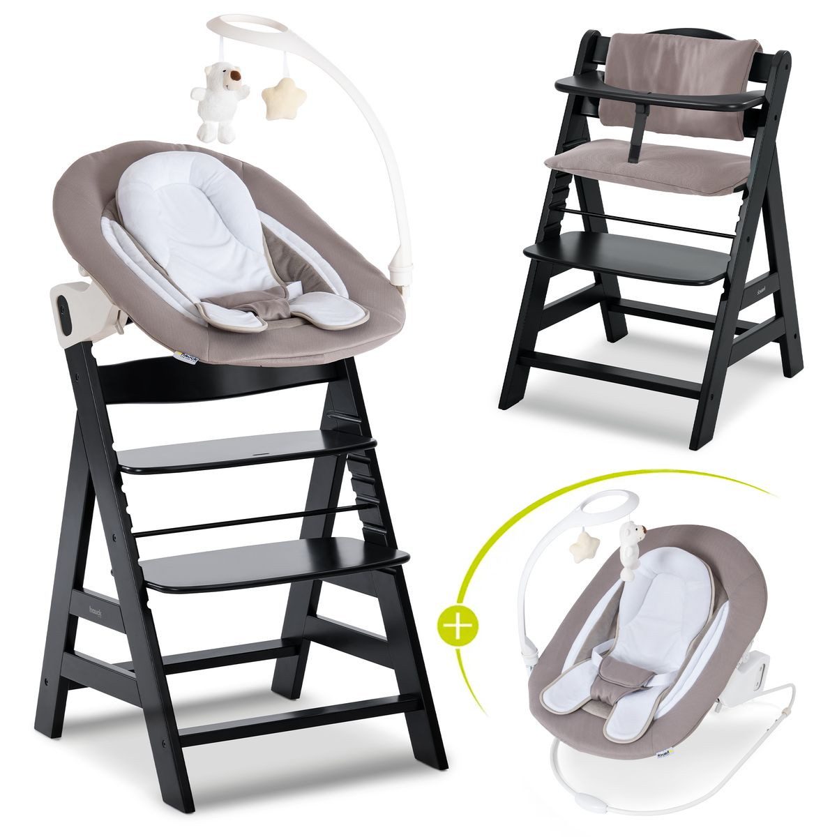 Hauck Hochstuhl Alpha Plus Black Newborn Set Deluxe, Holz Babystuhl ab Gebu günstig online kaufen