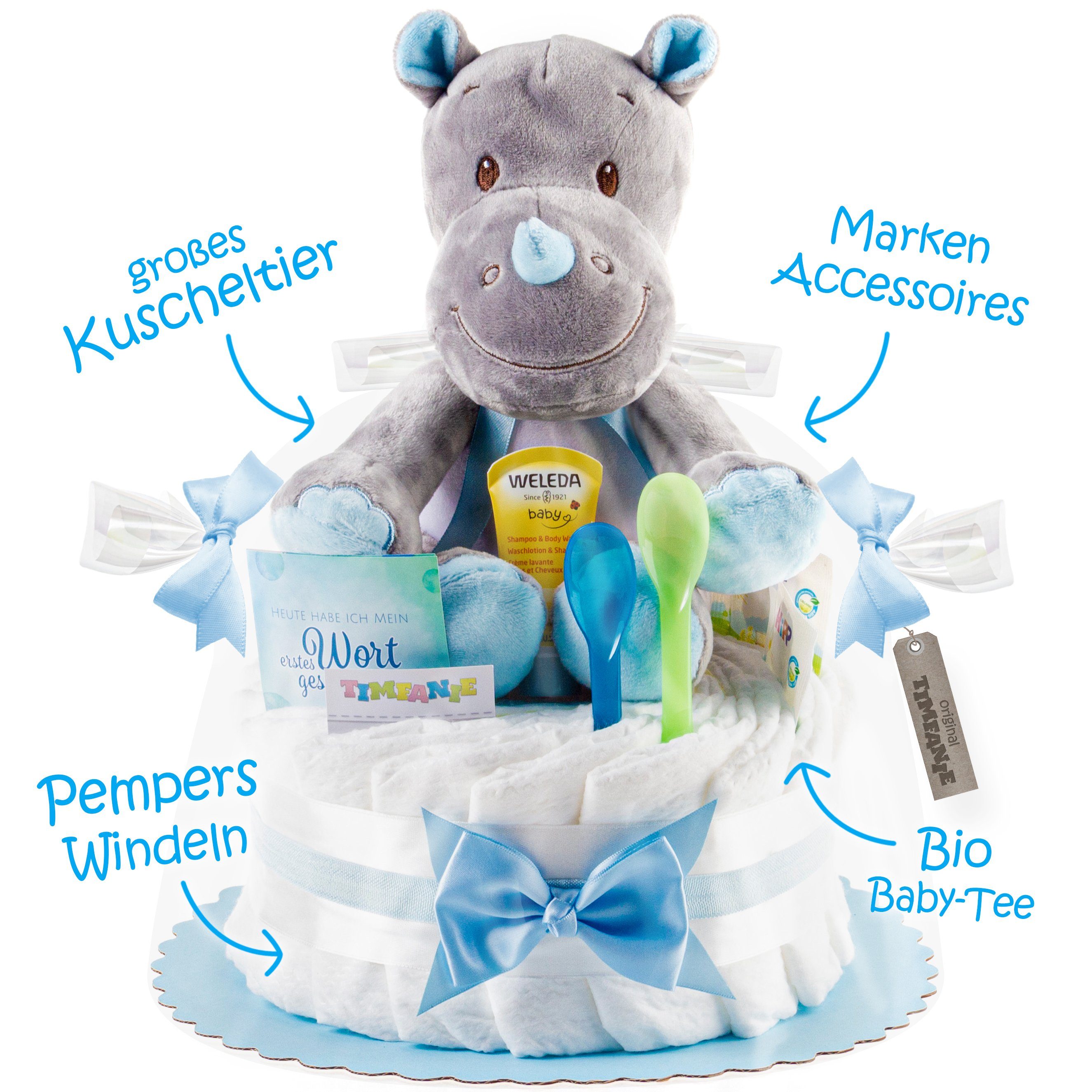 Timfanie blau, Nashorn, (blau, Windeltorte, Neugeborenen-Geschenkset 28-tlg)