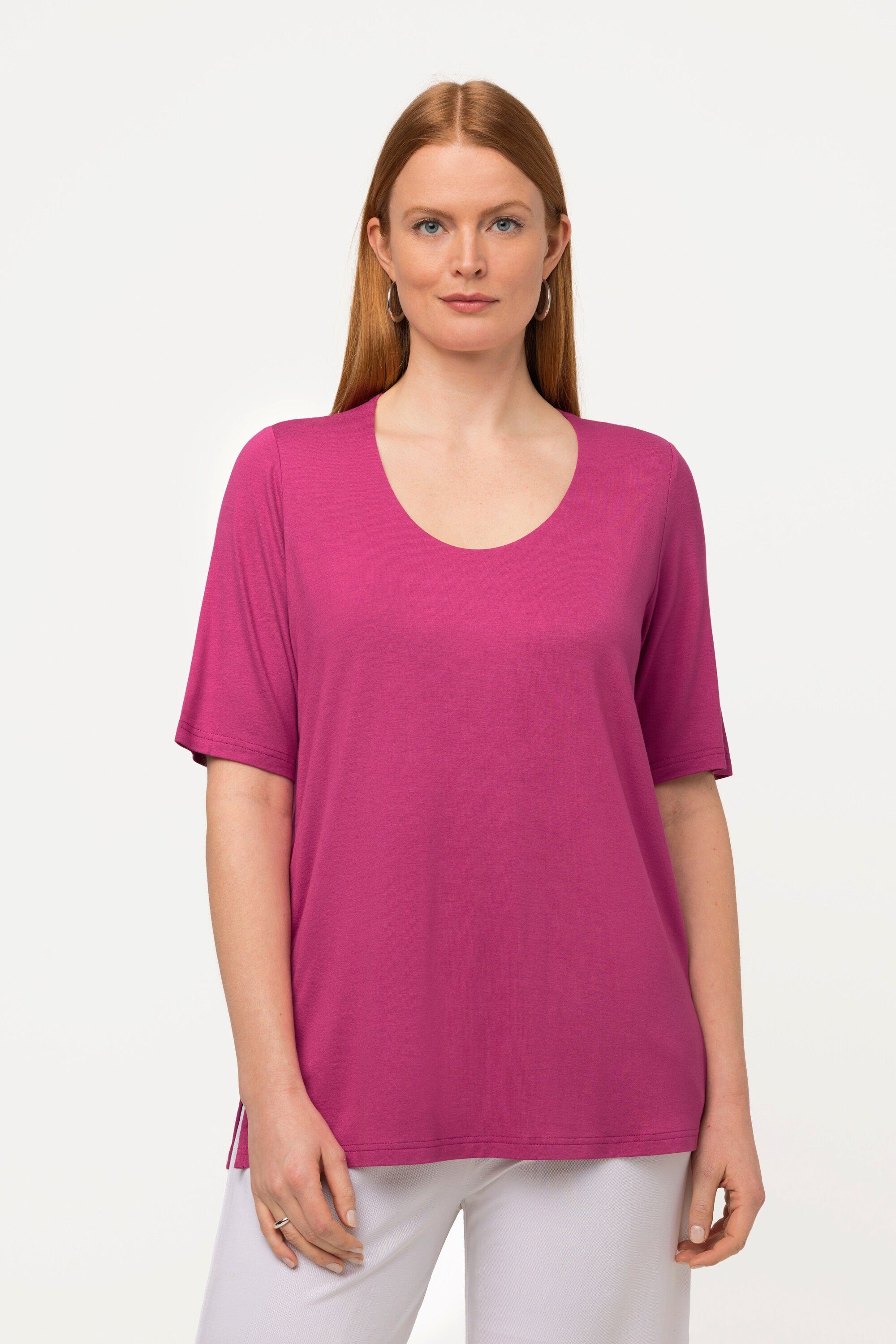 Ulla Popken Rundhalsshirt T-Shirt vorne doppellagig V-Ausschnitt Halbarm fuchsia pink