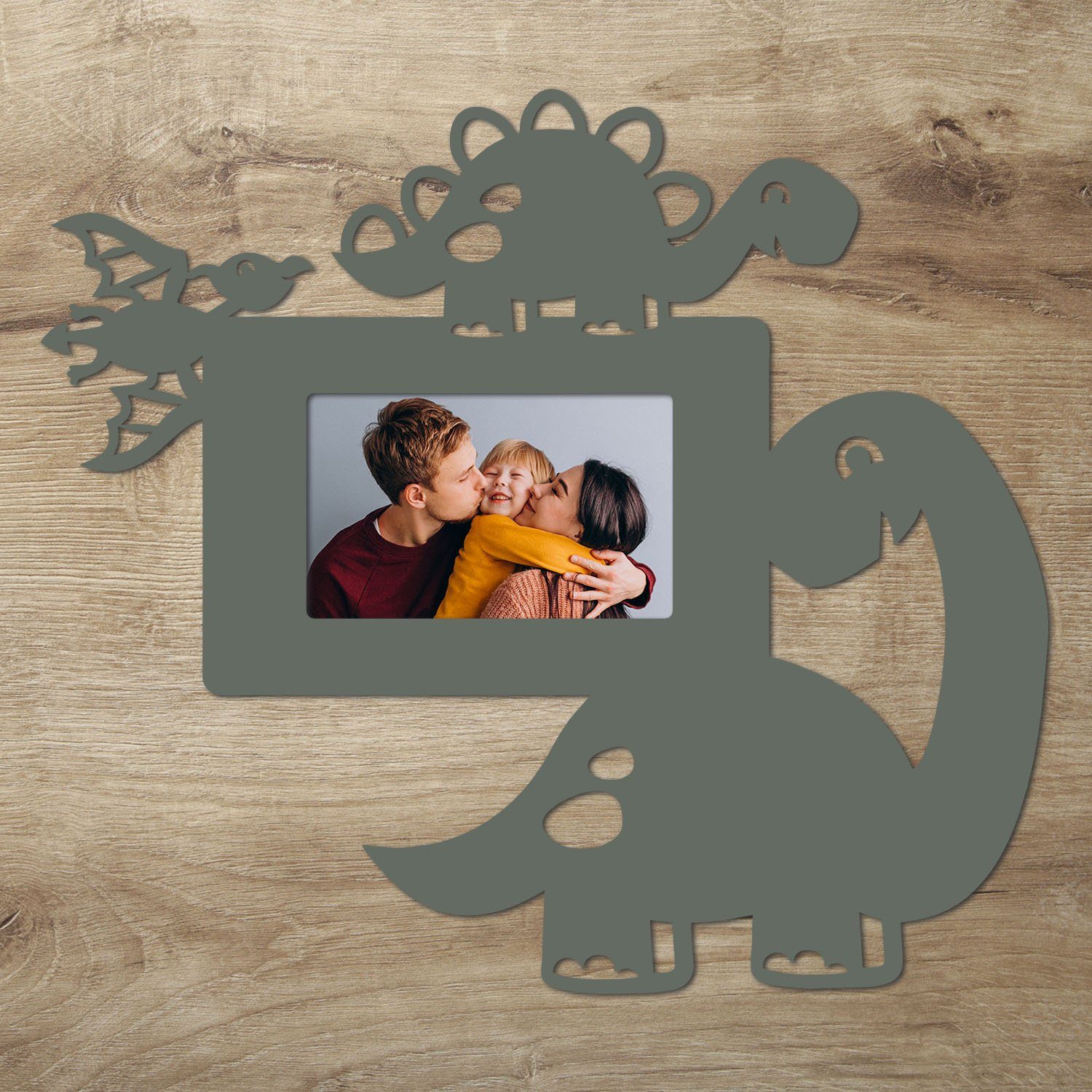 Namofactur Bilderrahmen Dinosaurier Fotorahmen aus Holz, Bilderrahmen Dino, Geschenk Kinder, für 1 Bilder Grau