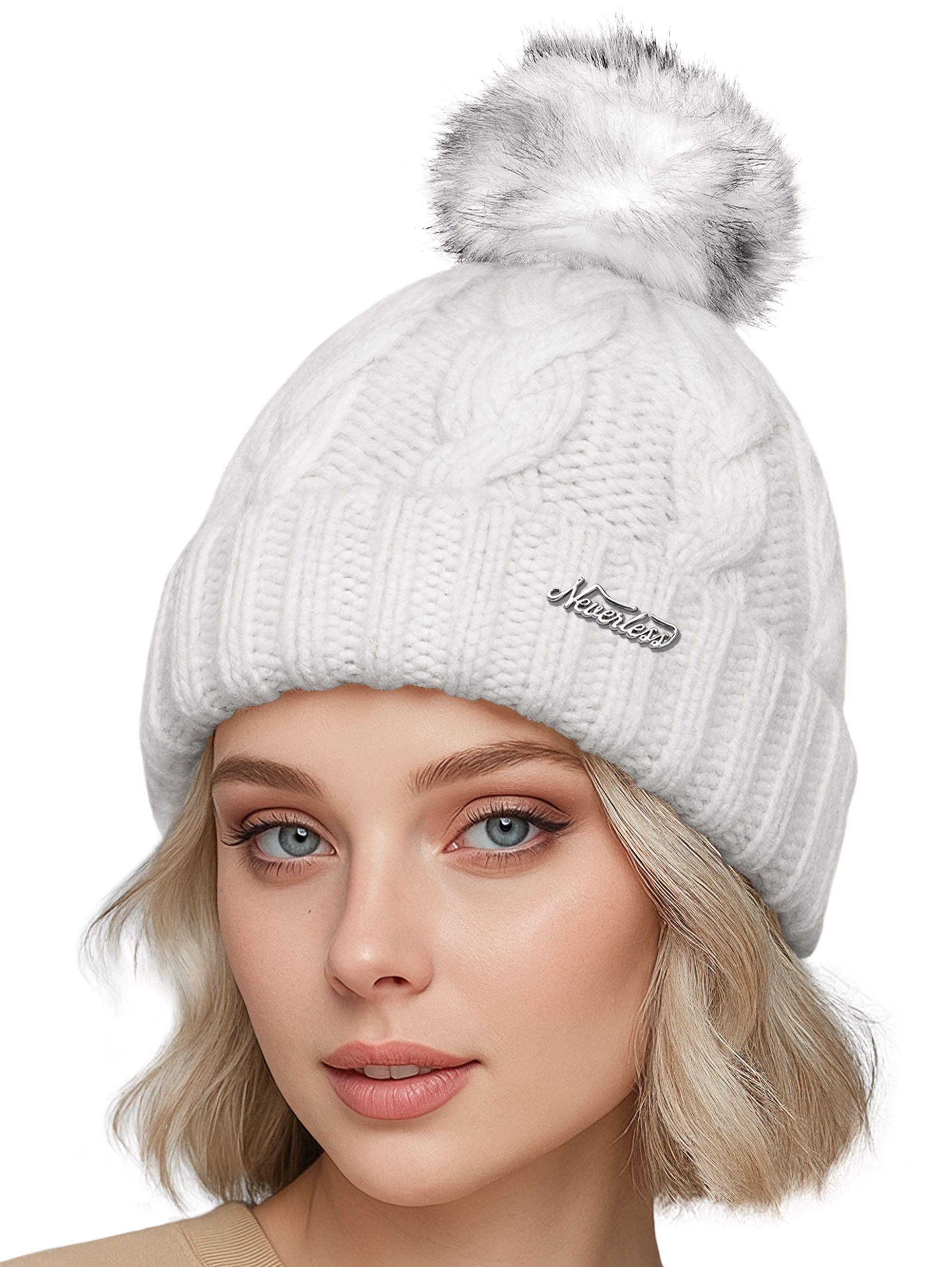 Neverless Strickmütze Damen Strickmütze mit Fleecefutter und Kunstfell Bommel Zopfmuster