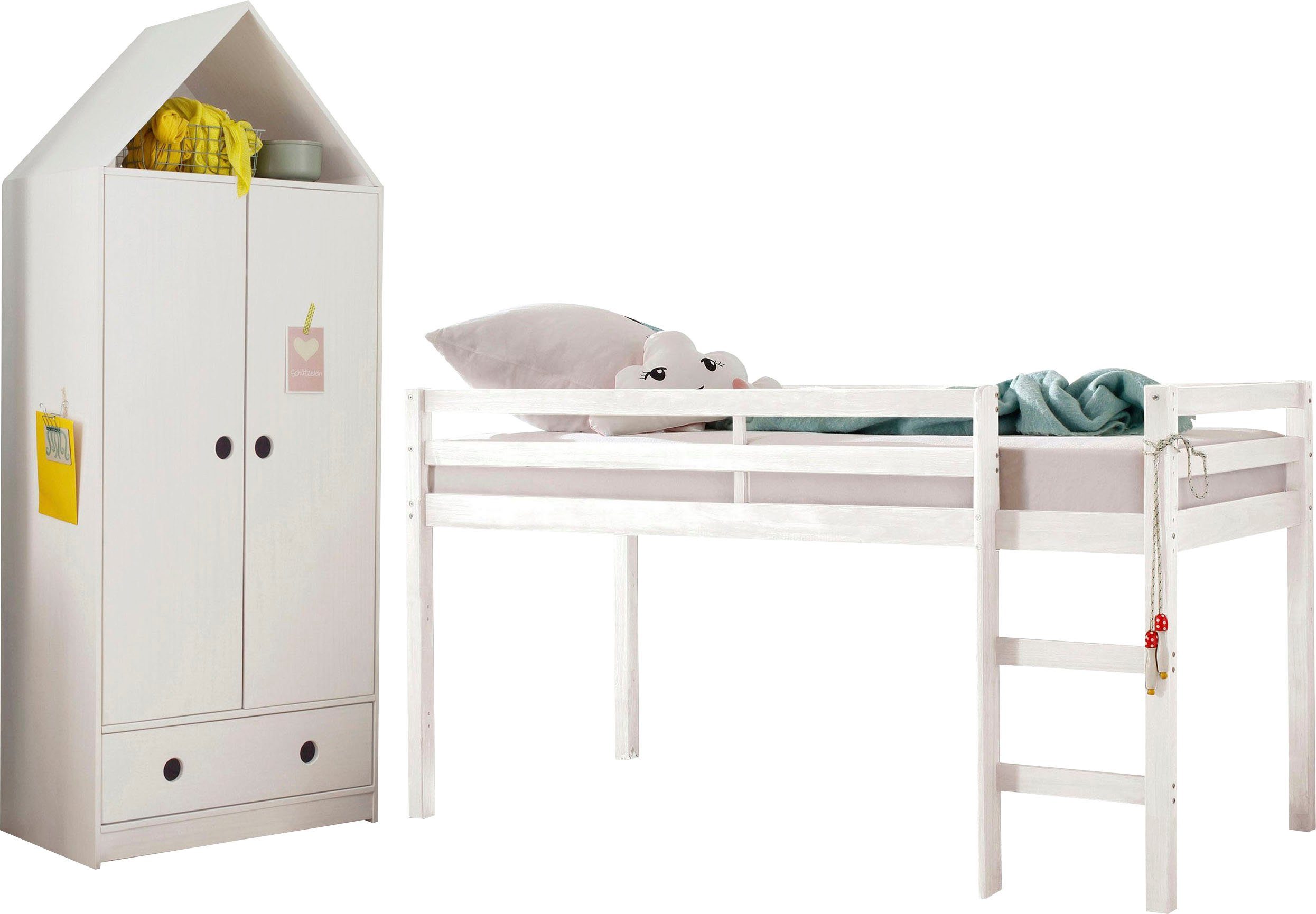 Lüttenhütt Jugendzimmer-Set Alpi, (Spar-Set, 2-St), Hochbett und Kleiderschrank in Hausoptik, perfekt für kleine Räume