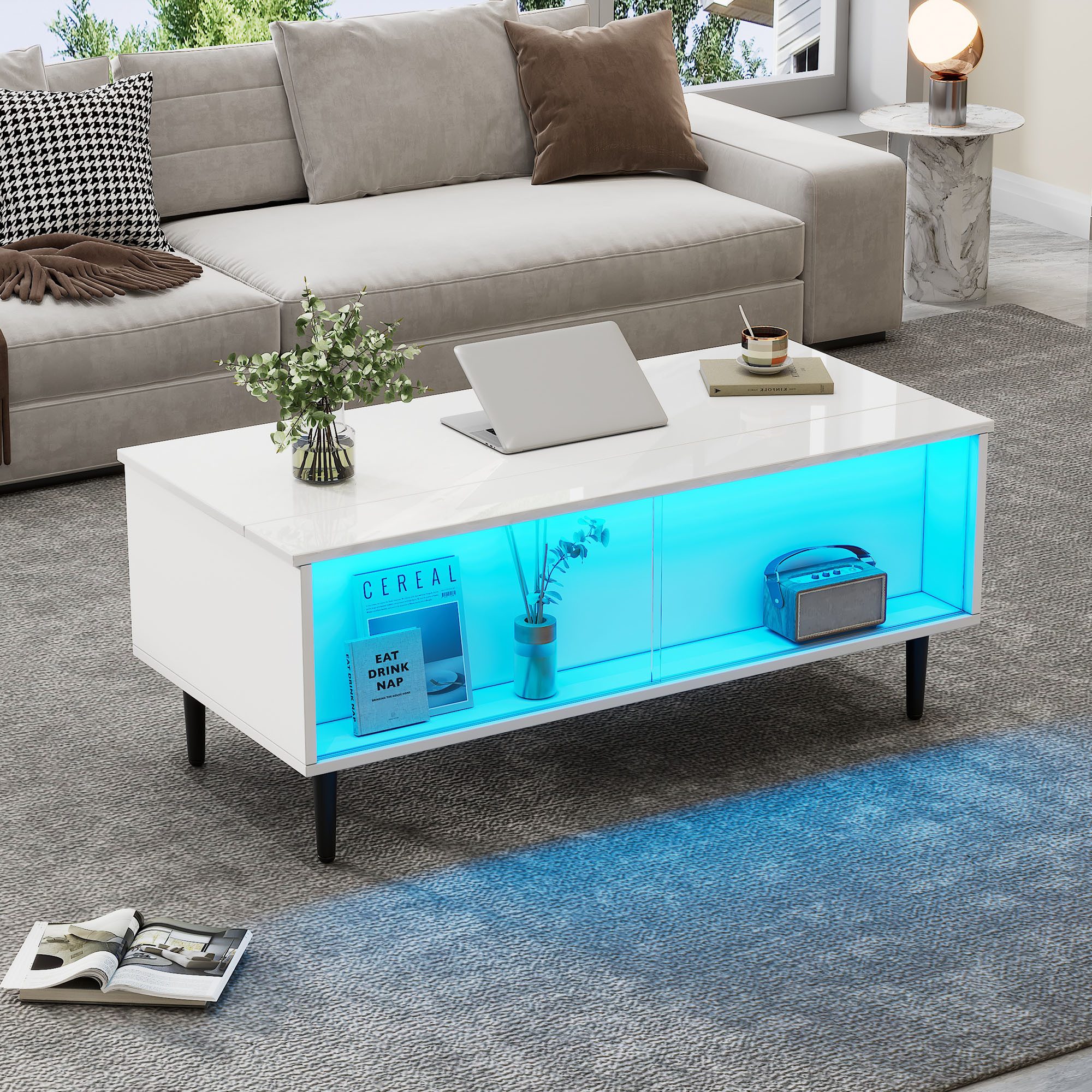 Merax Couchtisch hochglanz Sofatisch höhenverstellbarer Beistelltisch mit LED (1-St., 105x50x43 cm), Wohnzimmertisch mit verstecktem Stauraum,Glasschiebetür,Dis – Bild 4 von 5