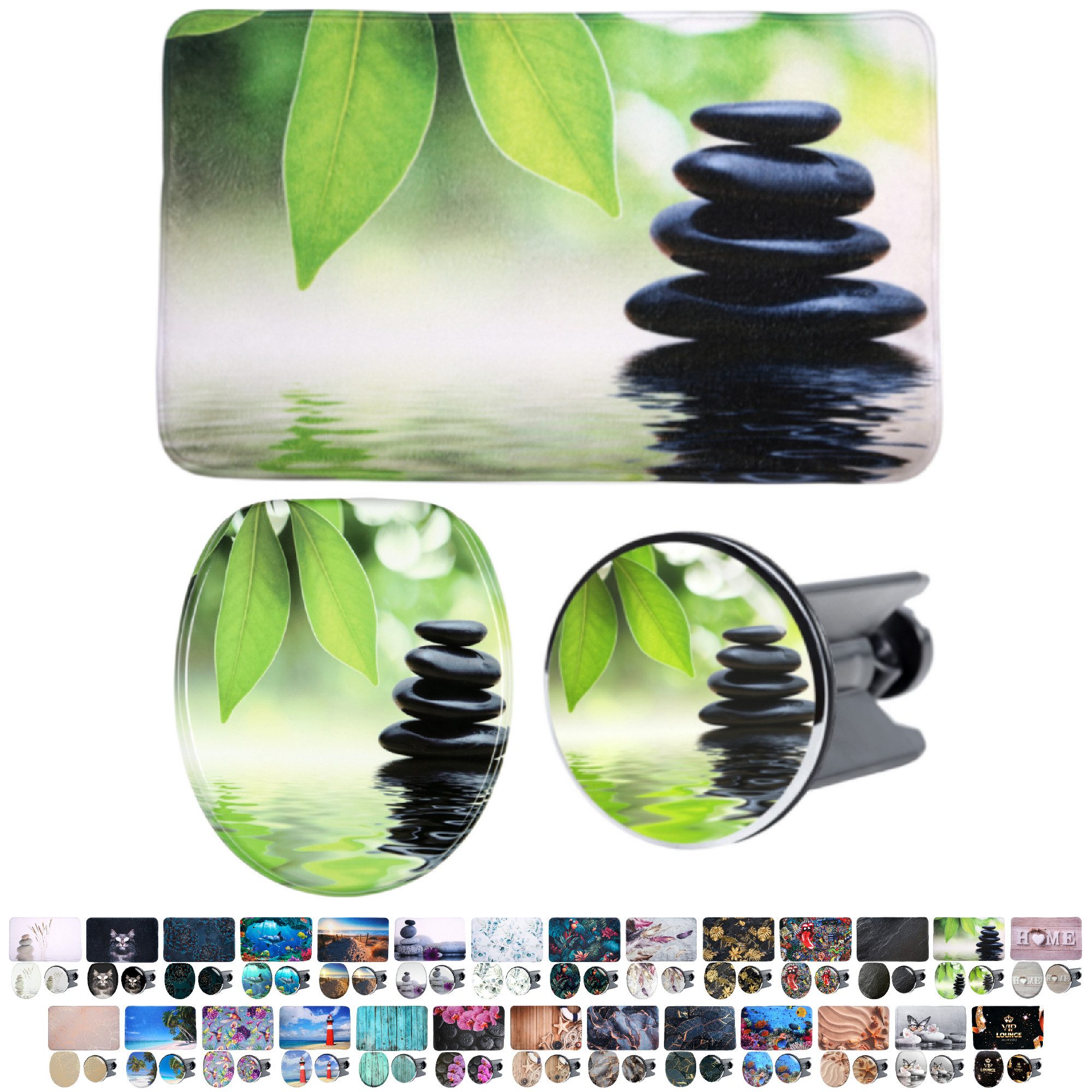 Sanilo Badaccessoire-Set 3-teilig mit Motiv, viele schöne Sets zur Auswahl, WC-Sitz mit Absenkautomatik, Badteppich 70 x 110 cm, Waschbeckenstöpsel, 3 tlg., 3-teilig, hochwertig & modern, universell, leichte Montage