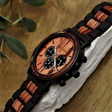 Holzwerk Chronograph BERNAU Herren Edelstahl & Holz Armband Uhr mit Datum, schwarz, rot