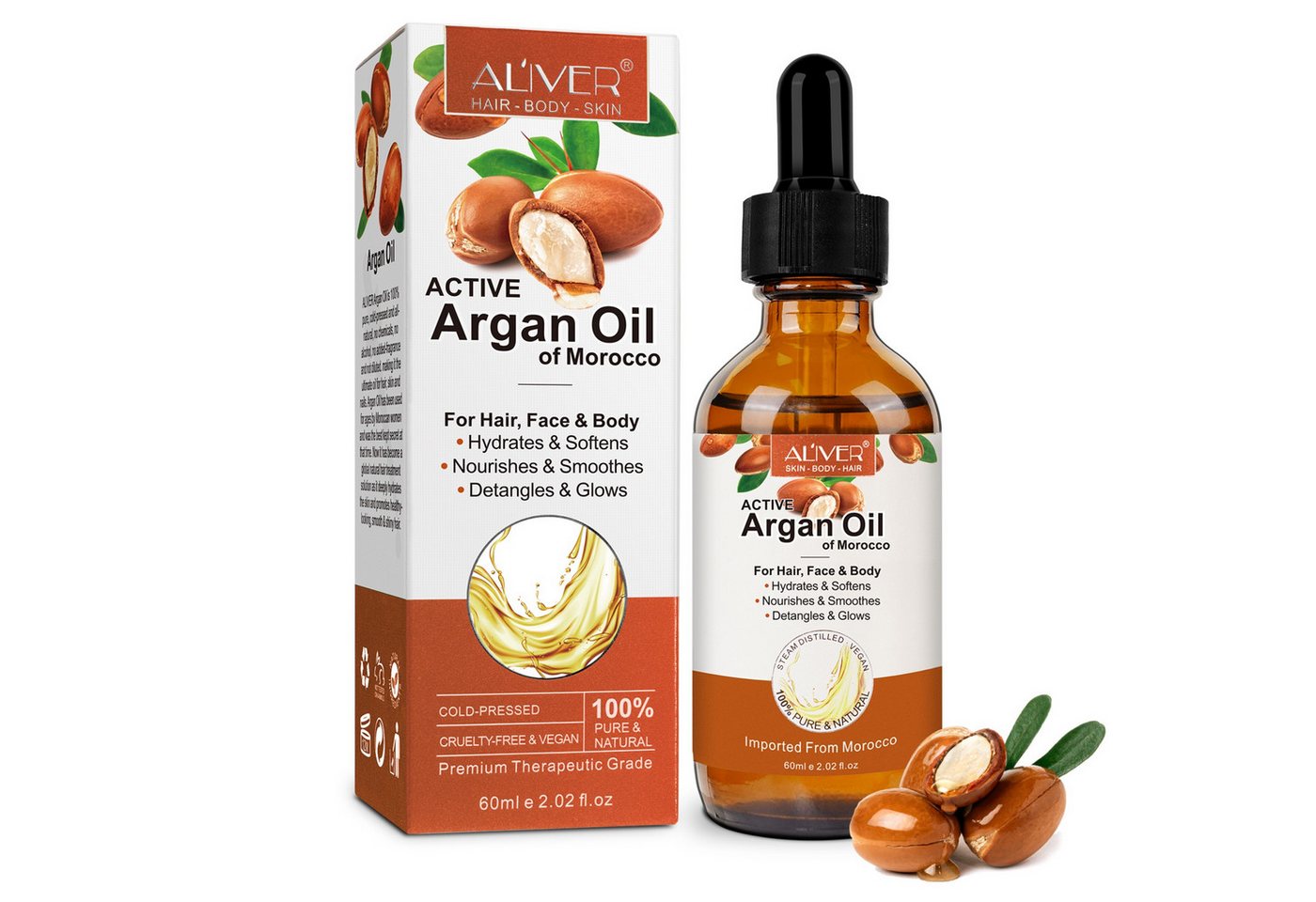 ALIVER Haaröl Arganöl Gesicht Haut Haar Nagel Bart Pflege Vegan, 1-tlg., Anti-Frizz, Entwirrend, Feuchtigkeitsspendend