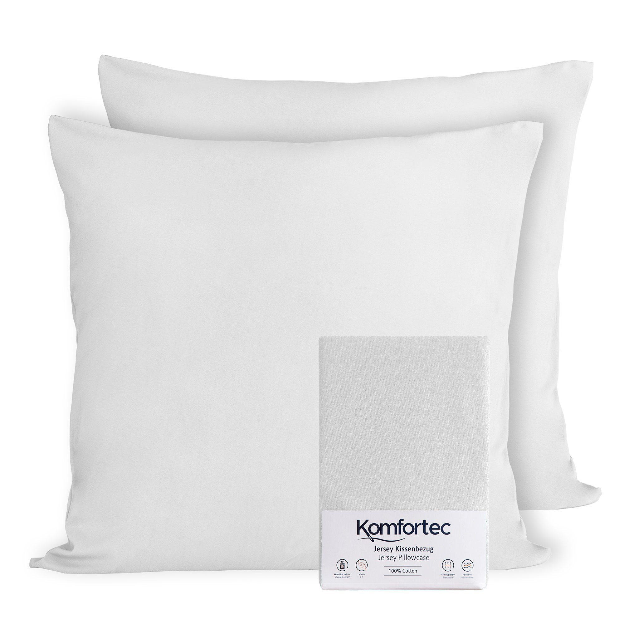 Kissenbezug 100% Baumwolle, 150 g/m², Komfortec (2 Stück), 40 x 40 cm, Kissenhülle, Superweicher Premium Jersey Kopfkissenbezug Weiß