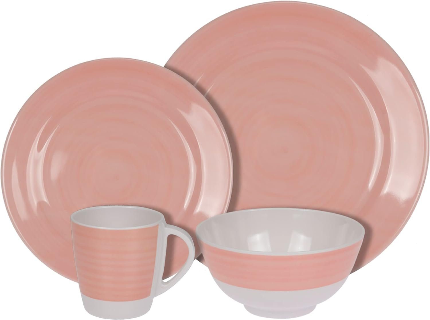 HEKERS Geschirr-Set 100% Melamin Geschirr (4-24 teilig) Spring elfenbeinweiß/rosa rund, 24 teilig - 6 Personen, Geschirr-Set, Tafelgeschirr, Campinggeschirr, Spülmaschinenfest