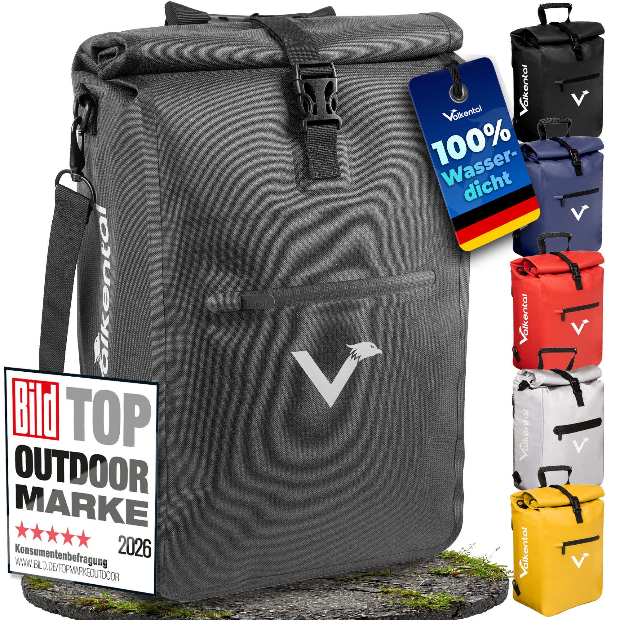 Valkental Fahrradtasche Gepäckträgertasche, Rucksack und Umhängetasche, 3in1 - wasserdicht & reflektierend 25 L
