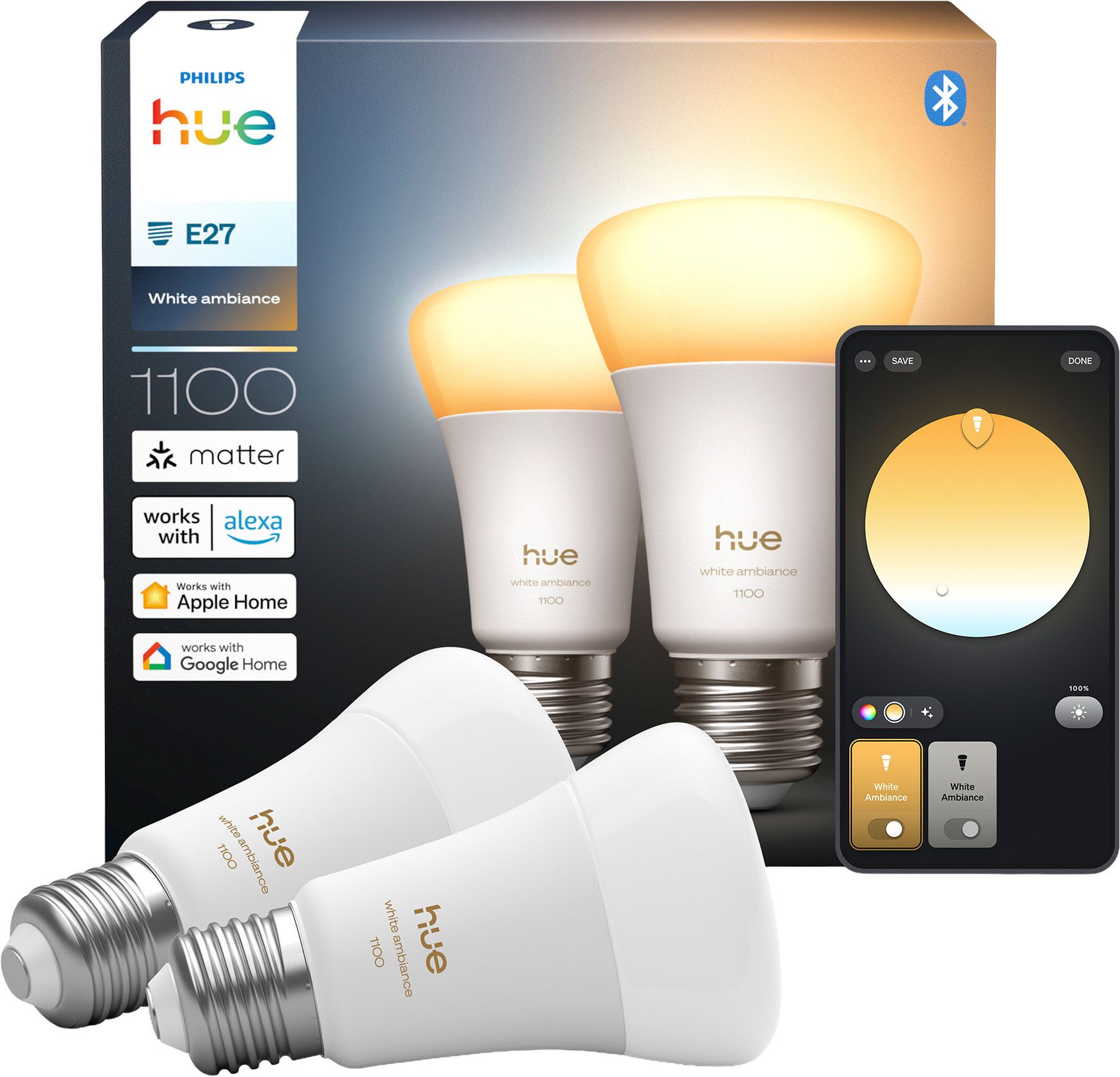 Philips Hue LED-Leuchtmittel White Ambiance 1100lm smarte Lampe, E27, 2 St., Farbwechsler, Vollspektrumlicht 1000K-20000K