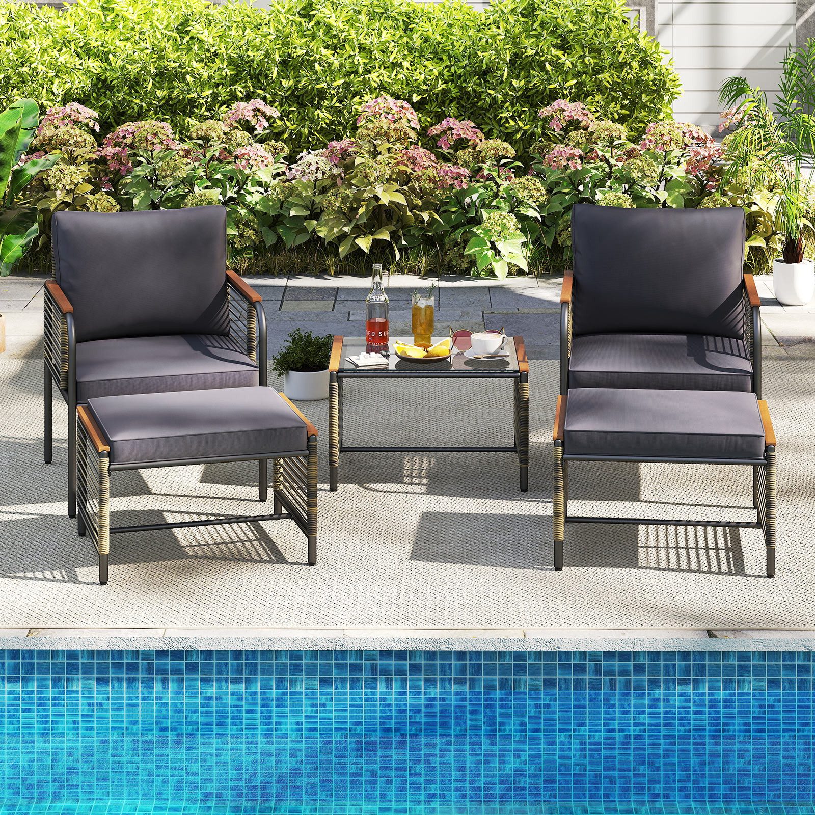 COSTWAY Gartenlounge-Set, (5-tlg), Gartenmöbel mit 2 Sessel, Ottomane, Tisch