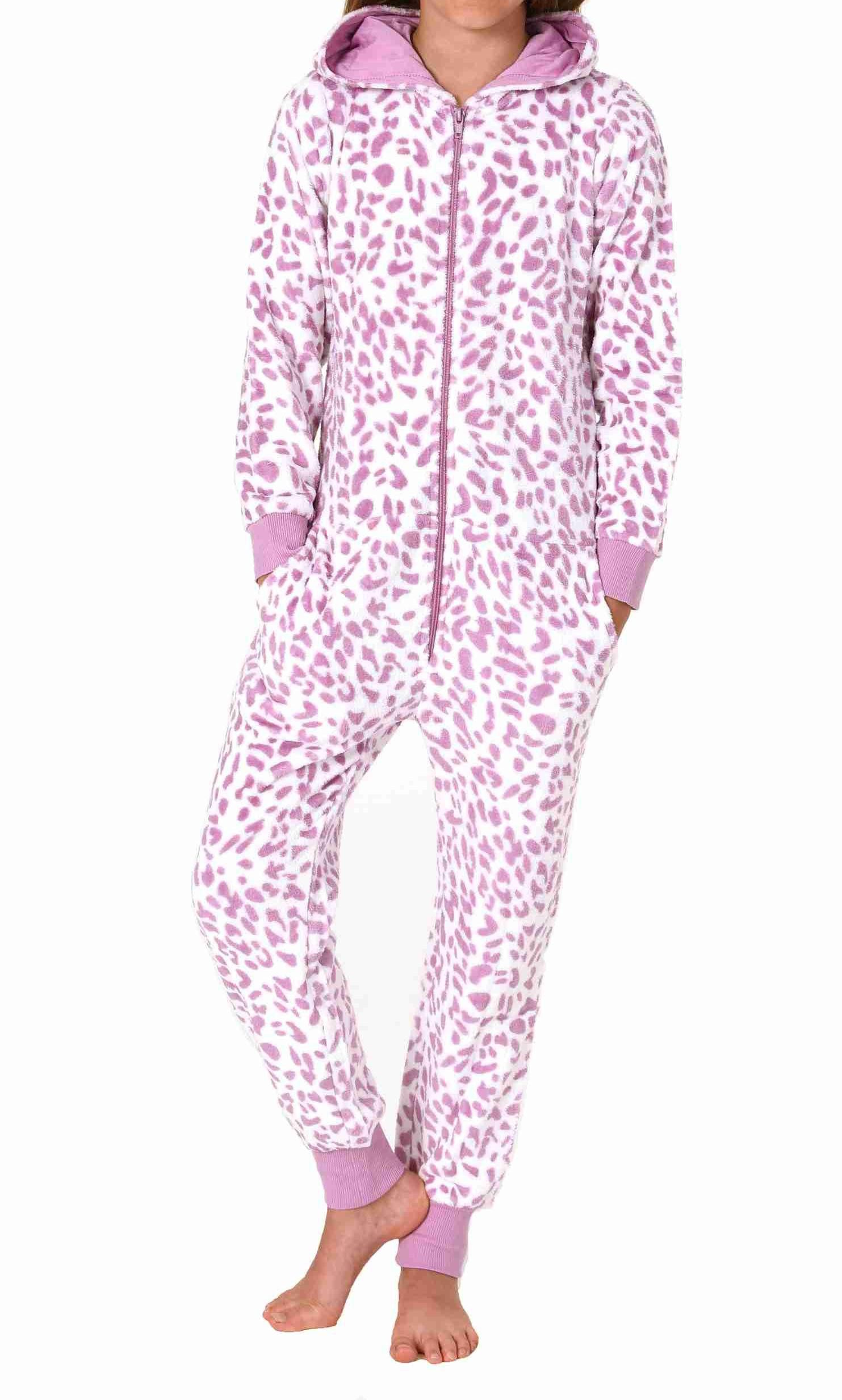 Normann Pyjama Mädchen Schlafanzug Einteiler Jumpsuit aus Coralfleece im Animal Look