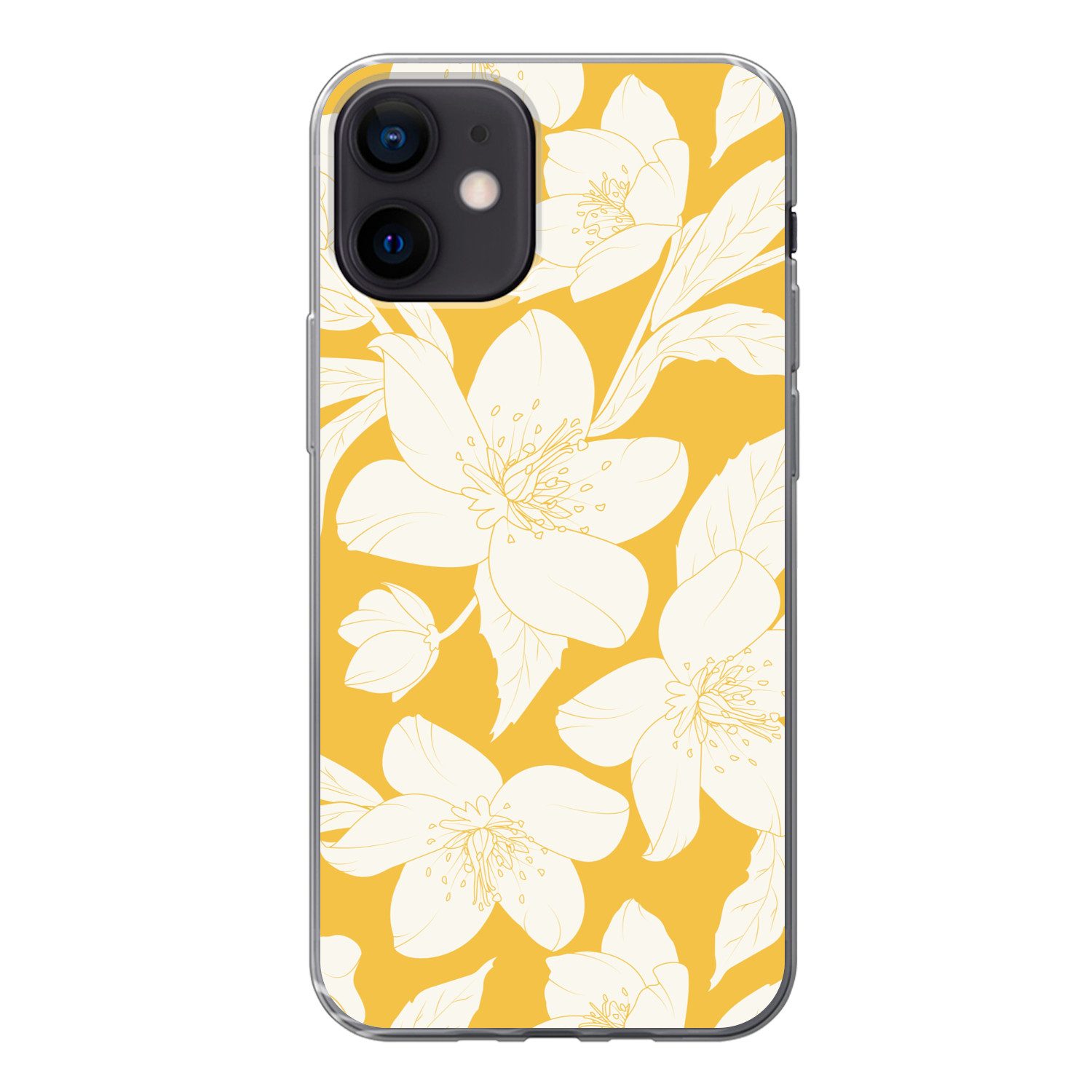 MuchoWow Handyhülle für Apple iPhone 12 Blumen - Muster - Gelb - Weiß, Smartphone-Bumper, Print, Handy Schutzhülle Dünn