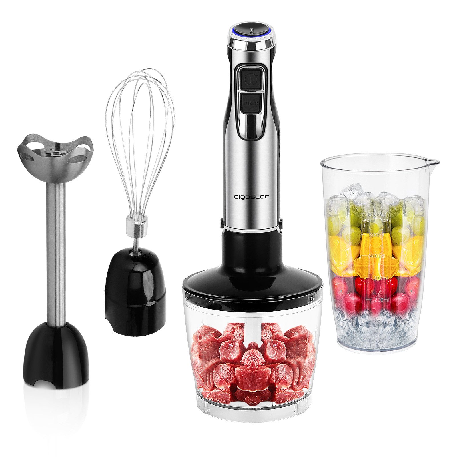 Aigostar Stabmixer Stabmixer Set 4 in 1,Pürierstab Edelstahl Rührstab 6 Geschwindigkeiten, 1000,00 W, stabmixer set 4 in 1, Variable Geschwindigkeit und Turbo