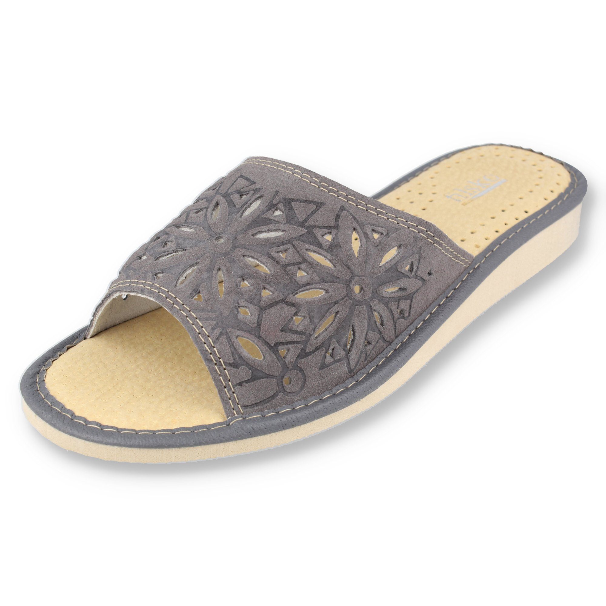 filsko Zafra Damen Hausschuh Veloursleder mit Blumenmuster, offene Pantoletten, Slip-On