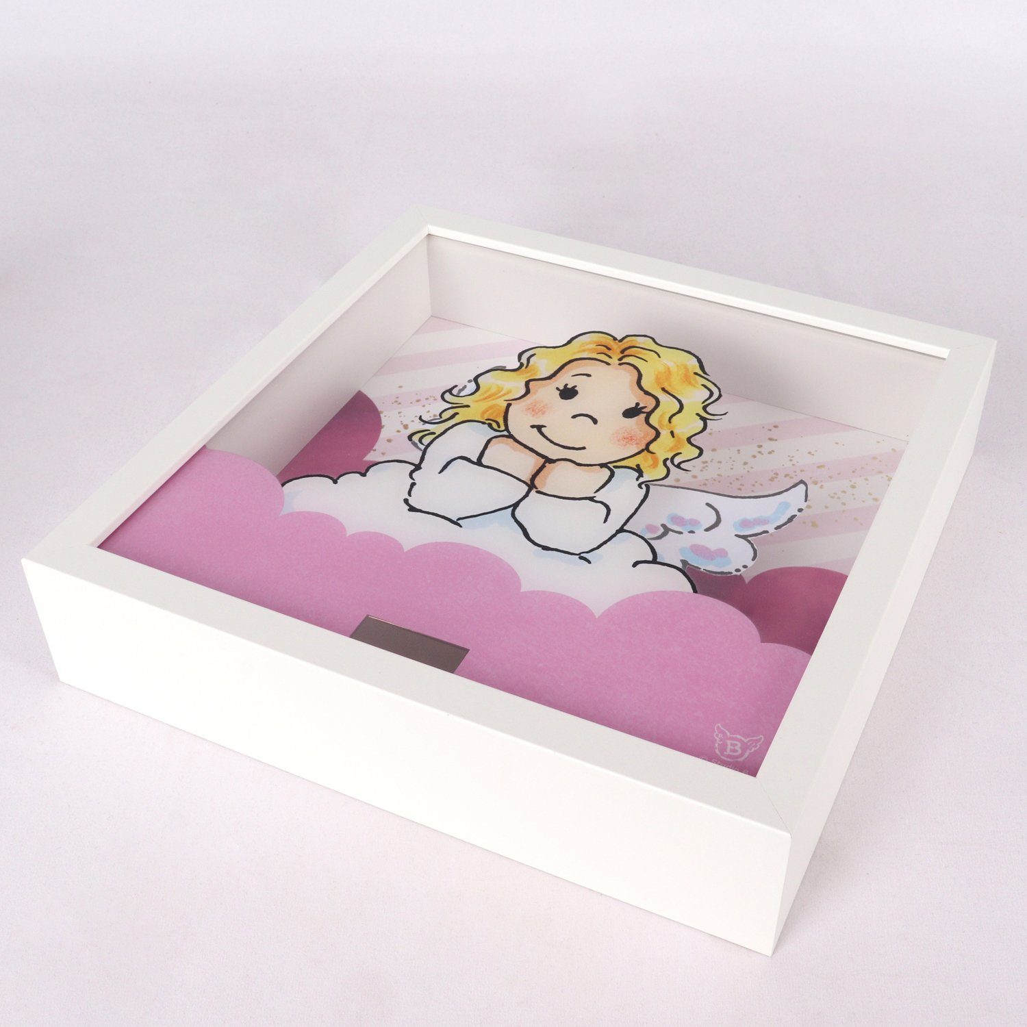 queence Bild mit Rahmen 3D Bild mit Wackelflügeln - Solarbetrieben-Engel-Flügel bewegen sich, Schutzengel (1 St), 27x27x5 cm - Geschenk - Taufe - Geburt - Flügel bewegen sich