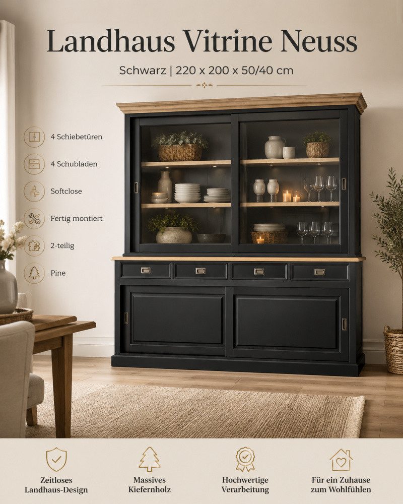 Wohnpalast Buffet Vitrinen Schrank Neuss 200 cm schwarz/eiche