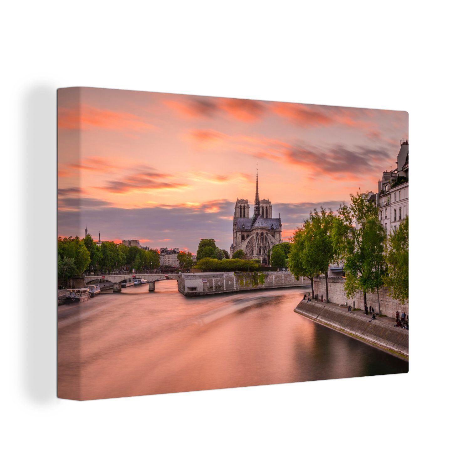 OneMillionCanvasses® Leinwandbild Sonnenuntergang hinter Notre Dame in Paris, (1 St), Wandbild Leinwandbilder, Aufhängefertig, Wanddeko, 30x20 cm
