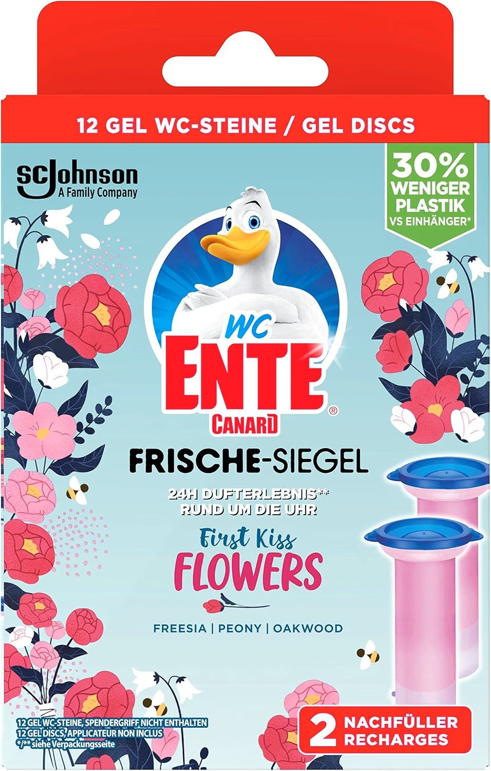 WC Ente 1x Frische-Siegel Nachfüller- First Kiss Flowers Duft, 2 x 36 ml WC-Reiniger (1-St. körbchenloser WC-Reiniger)