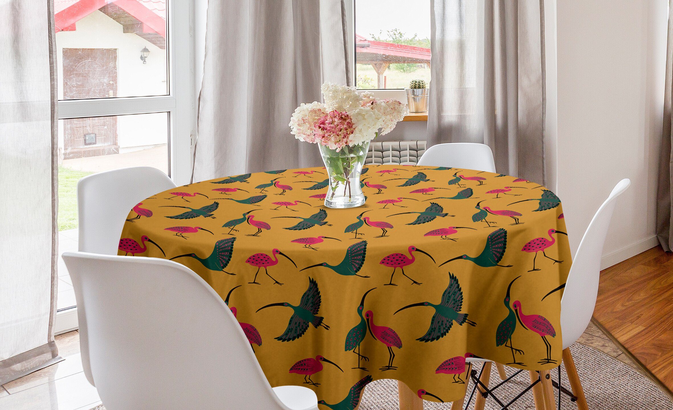 Abakuhaus Tischdecke Kreis Tischdecke Abdeckung für Esszimmer Küche Dekoration, Jungle Nursery Folk Verziert Vögel
