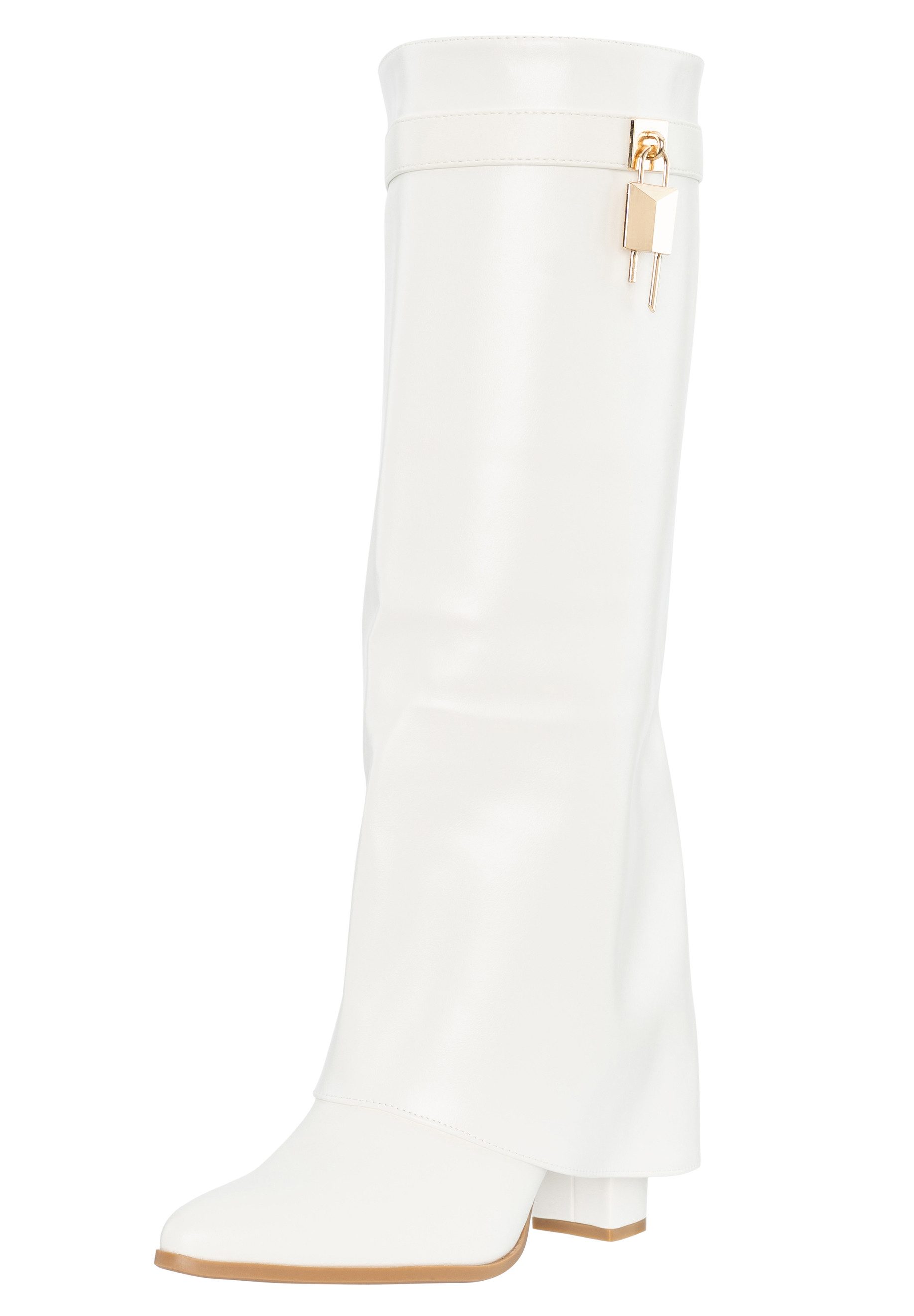 Salinyang Kniehohe Stiefel Overlay Boots Damen mit Blockabsatz Elegant Stiefelette