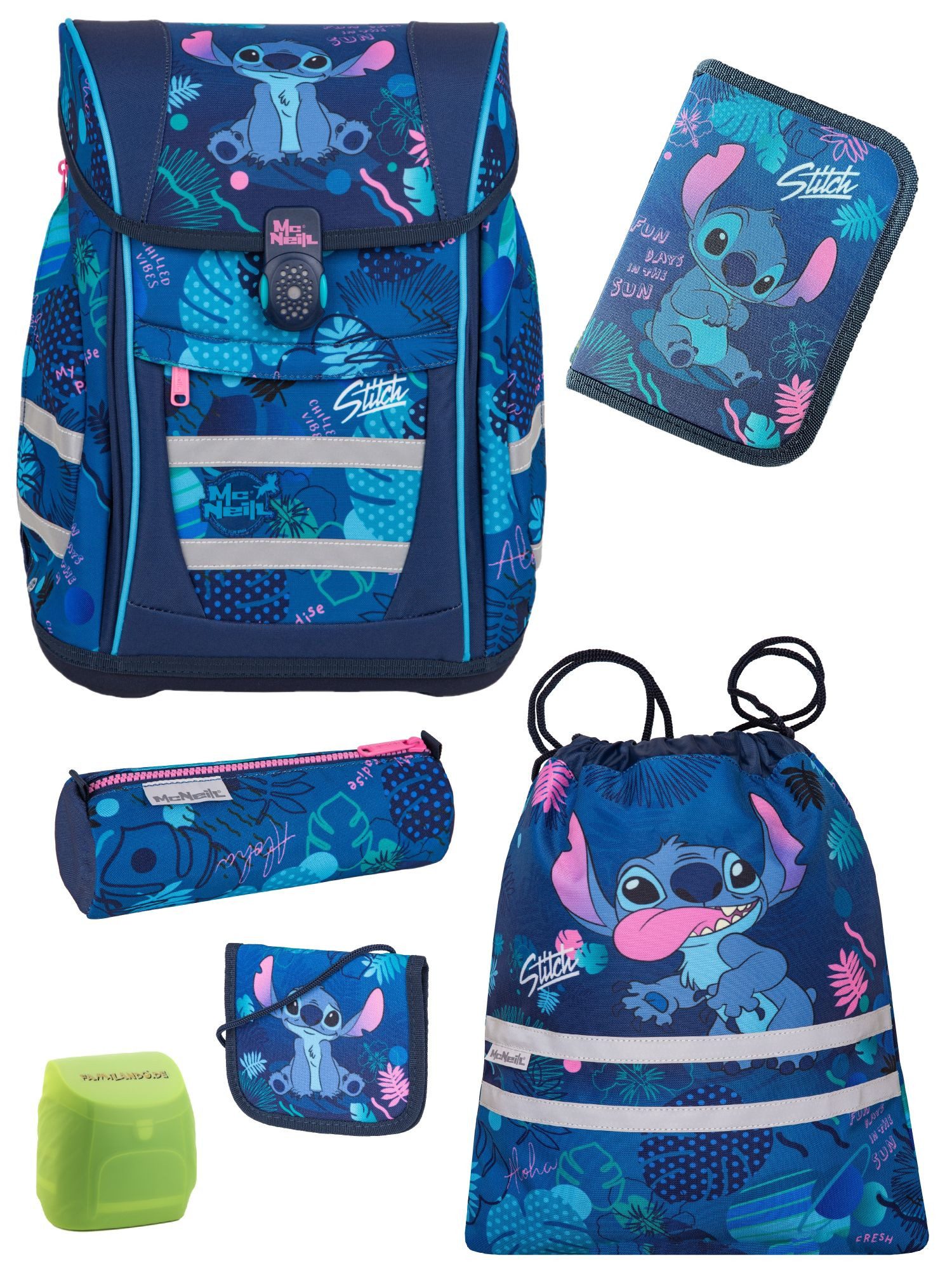 McNeill Schulranzen Schulranzen Disney Stitch Schultaschen Set Mädchen 1. Klasse (Set, 6-tlg., inkl. Federmäppchen & Geldbeutel), mit Brustgurt, 980 Gramm leicht, 18L Volumen