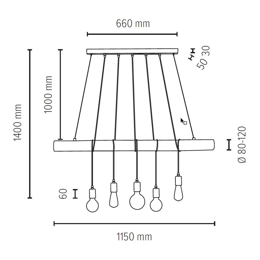 SPOT Light Pendelleuchte TRABO LONG, 8-12 Kürzbar Leuchtmittel, mit Ø Massivholzbalken Naturprodukt, cm, Hängeleuchte, ohne