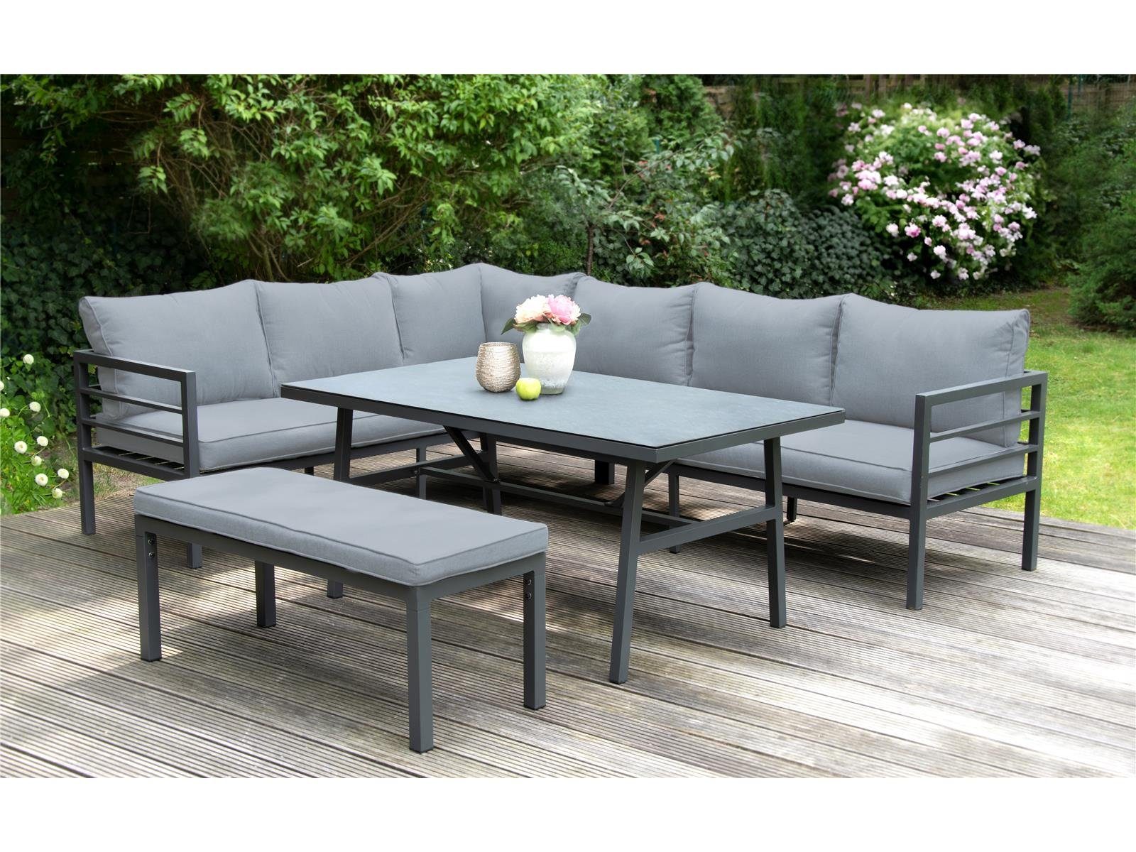 bellavista - Home&Garden® Gartenlounge-Set Gartenlounge Maia Aluminium grau Anthrazit 8 Personen Lounge-Set, (Set, 4-tlg., 2 3-Sitzer Sofas, 1 Bank, 1 Tisch, inkl. Kissen), grau, Aluminium, für 8 Personen, wetterfest, Garten, Terrasse, Outdoor