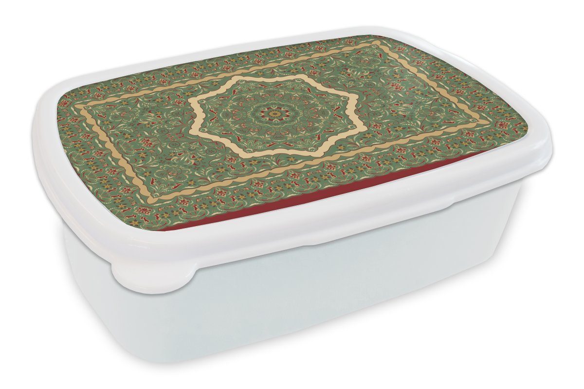 MuchoWow Lunchbox Teppiche Jungs Kunststoff, Brotdose, für Persische und für - weiß Kinder - Brotbox Mädchen - Erwachsene, Grün, (2-tlg), Teppiche Mandala und