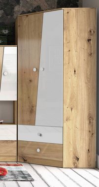 Feldmann-Wohnen Eckschrank Nero (2 Türen, rechts 3 Einlegeböden, 2 Schubladen mit Rollenschubführung, 1-St., verstellbare Scharniere, Knopfgriffe aus Kunststoff) 87cm artisan eiche / weiß Hochglanz mit weißen Knopfgriffen