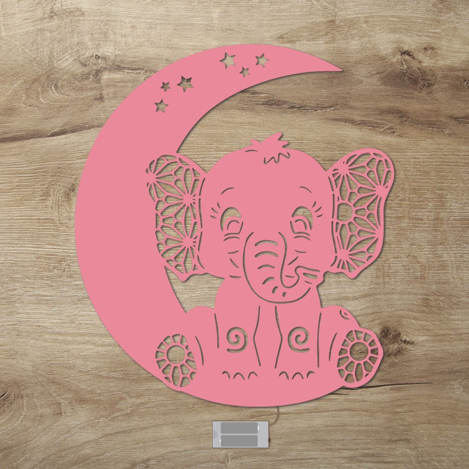 Namofactur LED Nachtlicht Elefant auf Mond - Schlaflicht mit Elefanten Motiv für Kleinkinder, Ohne Zugschalter, LED fest integriert, Warmweiß, Wanddekoobjekt Kinderzimmer Leuchte batteriebetrieben Rosa