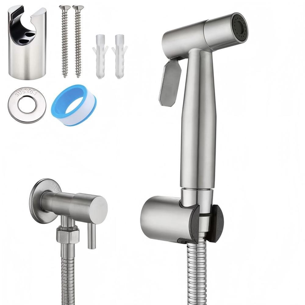 Forrlite Bidetarmatur Bidet Set - WC Brause für Intimdusche (Set, Brause mit Brauseschlauch, Halterung, 2 Dichtungen und Montagematerial, Handbrause, Schlauch, Halter rostfreier Edelstahl - inkl. 2 Dichtungen)