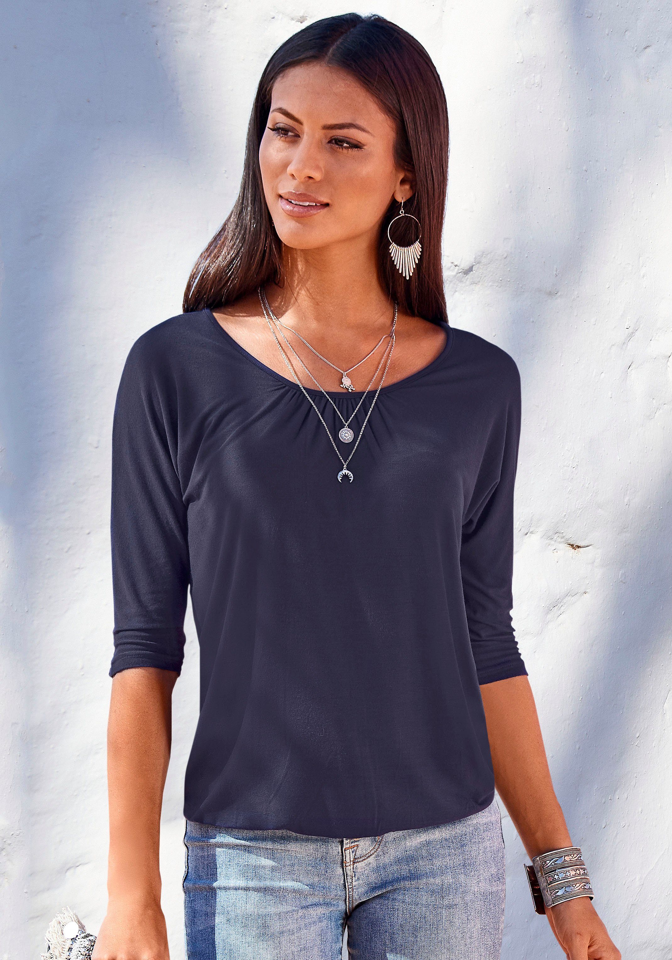 LASCANA 3/4-Arm-Shirt mit zarter Raffung am Ausschnitt navy