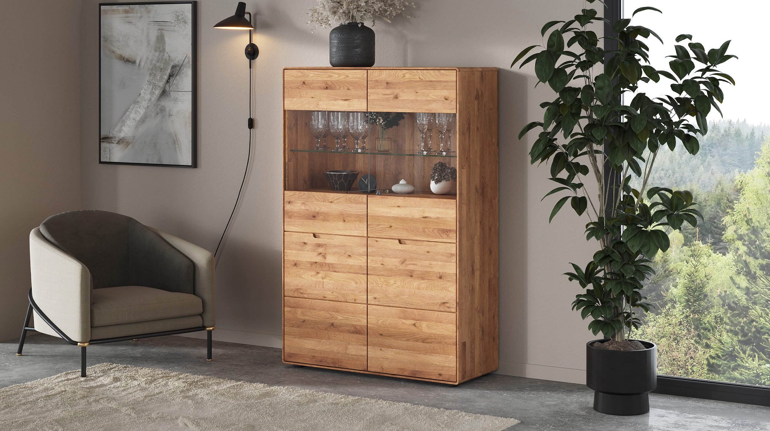 Massivart® Highboard LUCAS 100 cm Breite / montiert / Massivholz Wildeiche geölt, 2 Glas-Holztüren / 3 Einlegeböden / Soft-Close-Funktion
