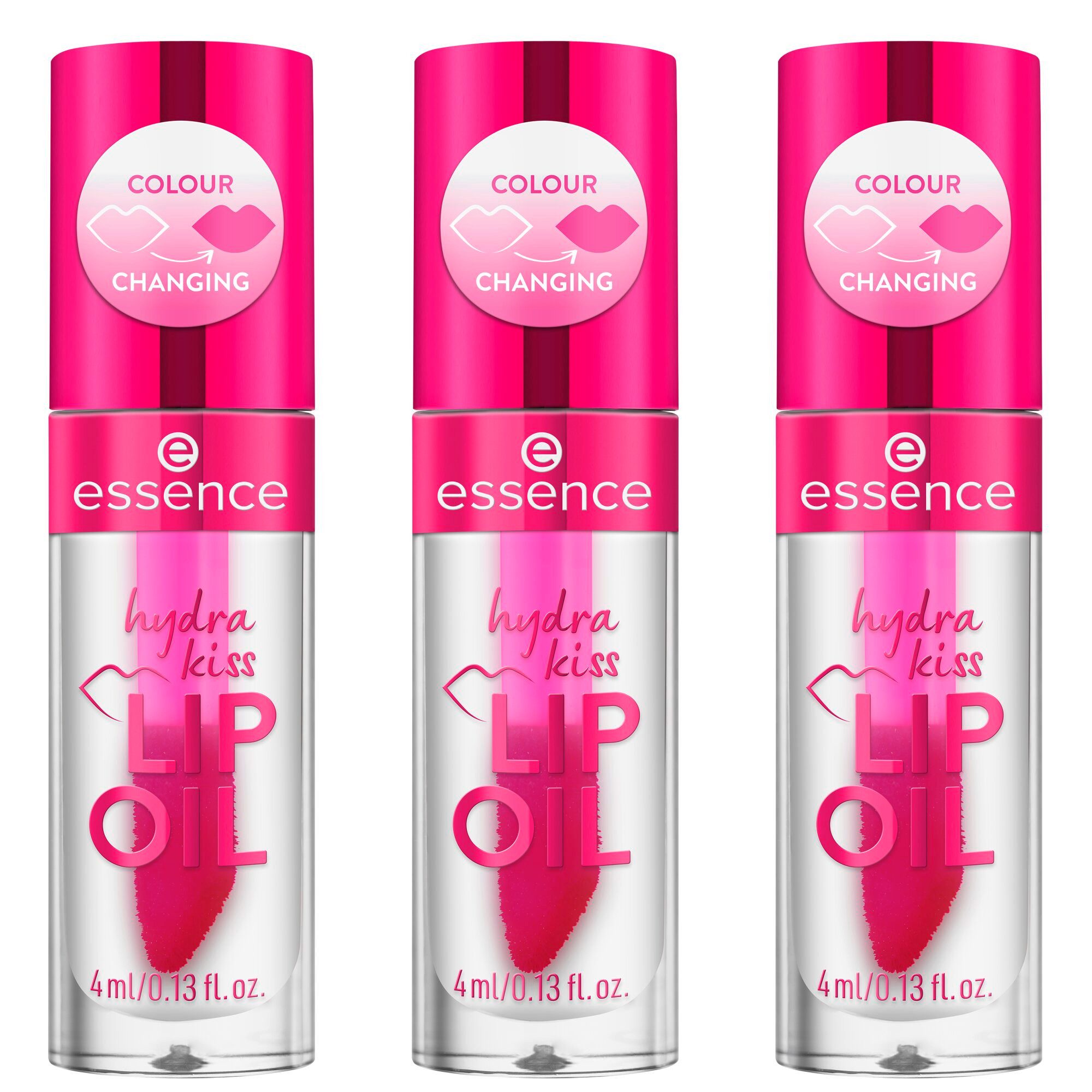 Essence Блиск для губ hydra kiss LIP OIL, 3-tlg., Rosafarbener Schimmer, pflegende Textur, glänzendes Finish, vegan.