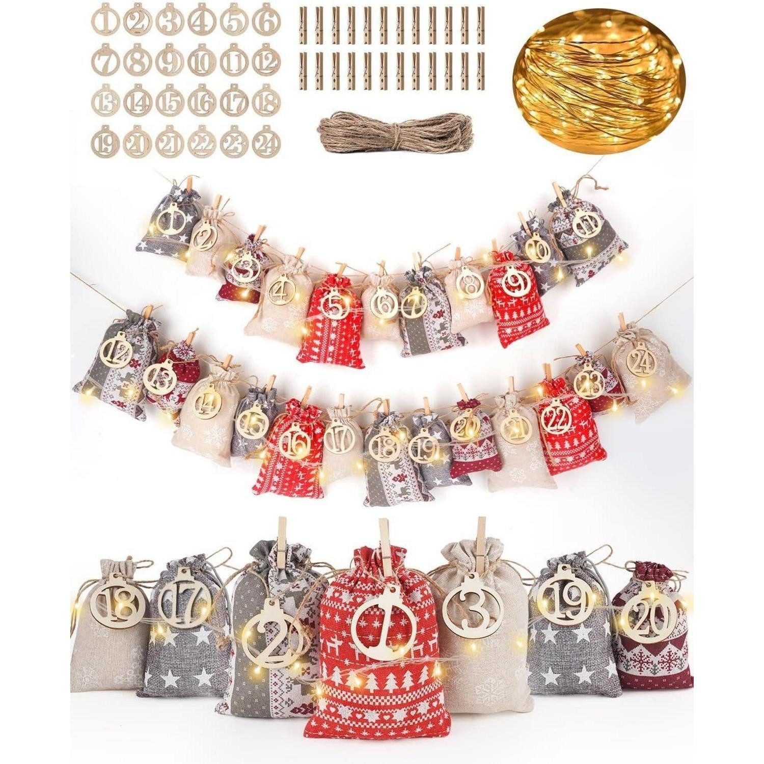 LuxusKollektion DIY-Adventskalender Adventskalender DIY Stoffsäckchen 24 Nikolaustüten Grau Beige Rot