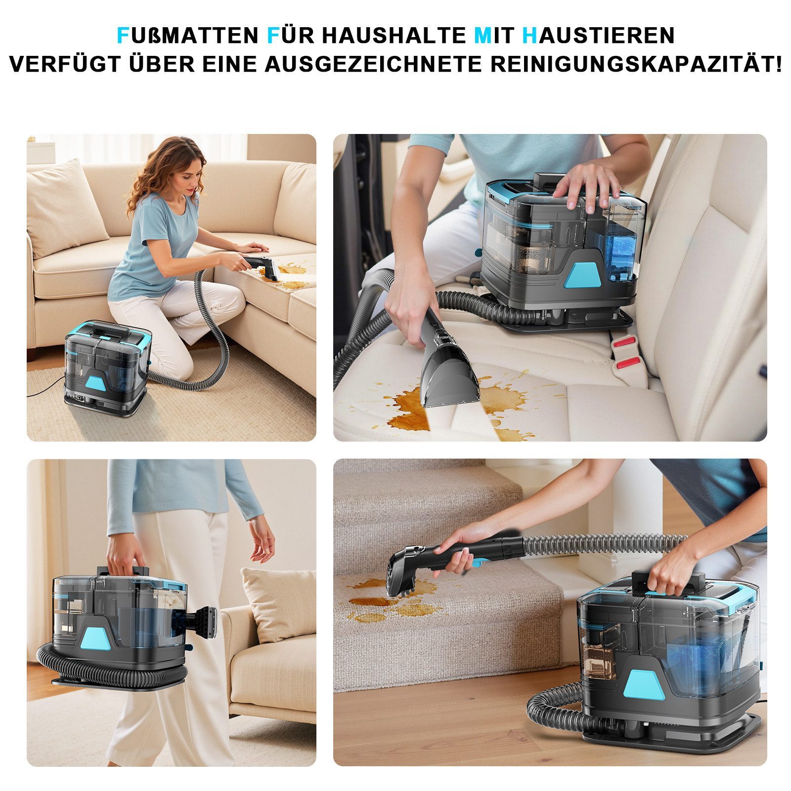 Grenintol Teppichreinigungsgerät 25KPA Waschsauger,Fleckentferner,Teppichreiniger,Polsterreiniger Gerät, 400 W, Tragbarerer Fleckenreiniger mit Trenntank-System, Integrierte Zirkulationsreinigungsfunktion, 2000ML Frischwasser + 800ML Schmutzwasser, 5m Kabel + 1,5m Schlauch, Reinigt und desinfiziert Polster, Teppiche, Autos und Matratzen